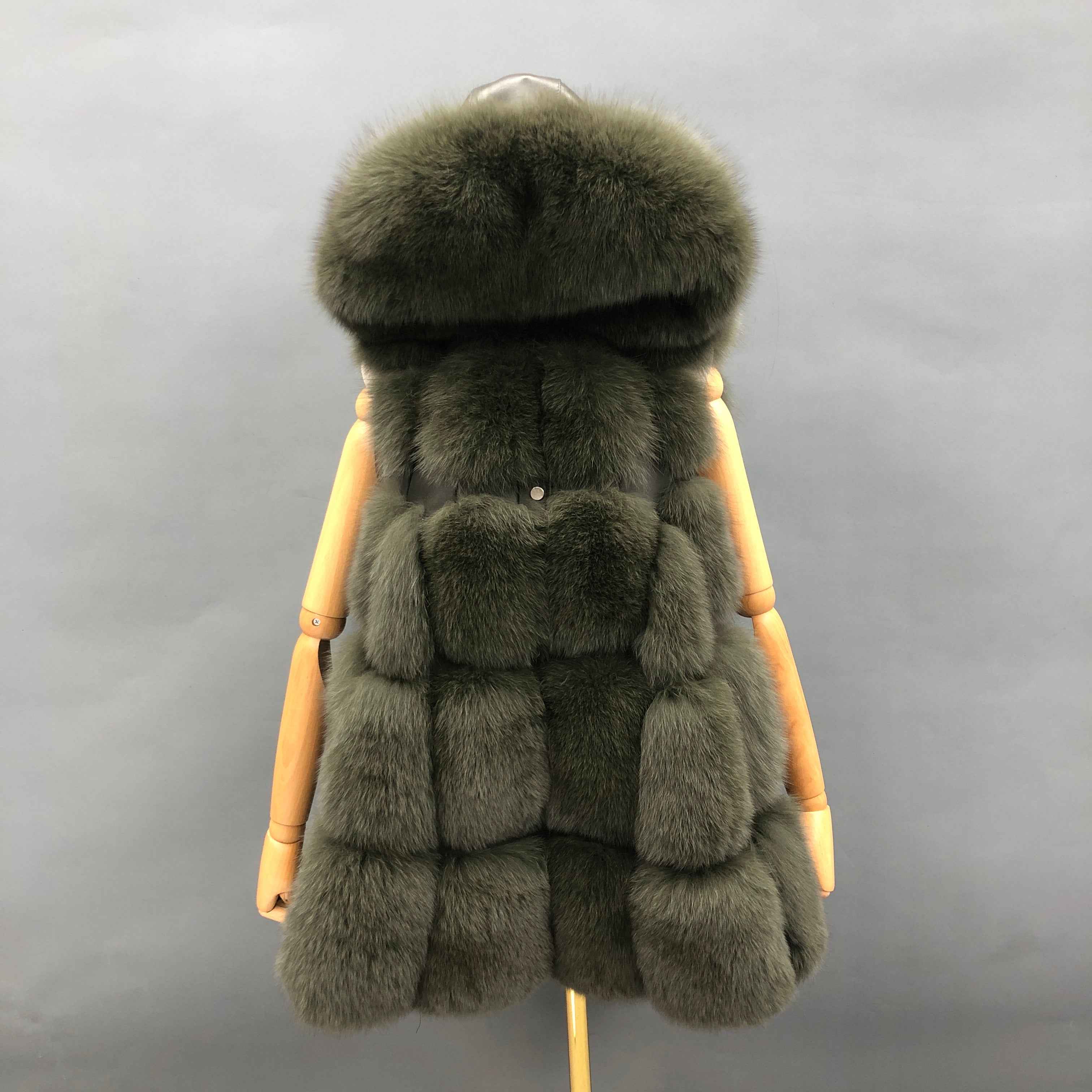 Women's Hooded Fox Fur Vest with Flared Hem - Early Winter Luxe Outerwear Dark Green