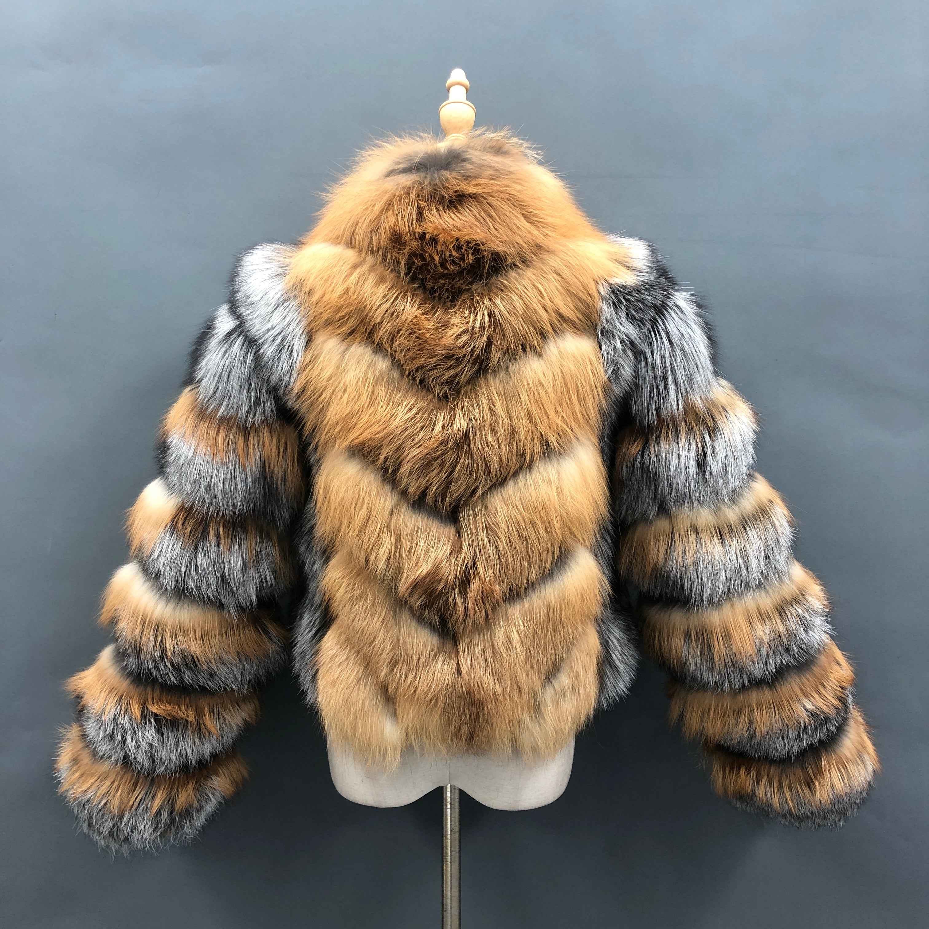 Women's Luxury Red & Silver Fox Fur Cropped Jacket - Chevron Stripe Design Winter Warm Fashion Outerwear