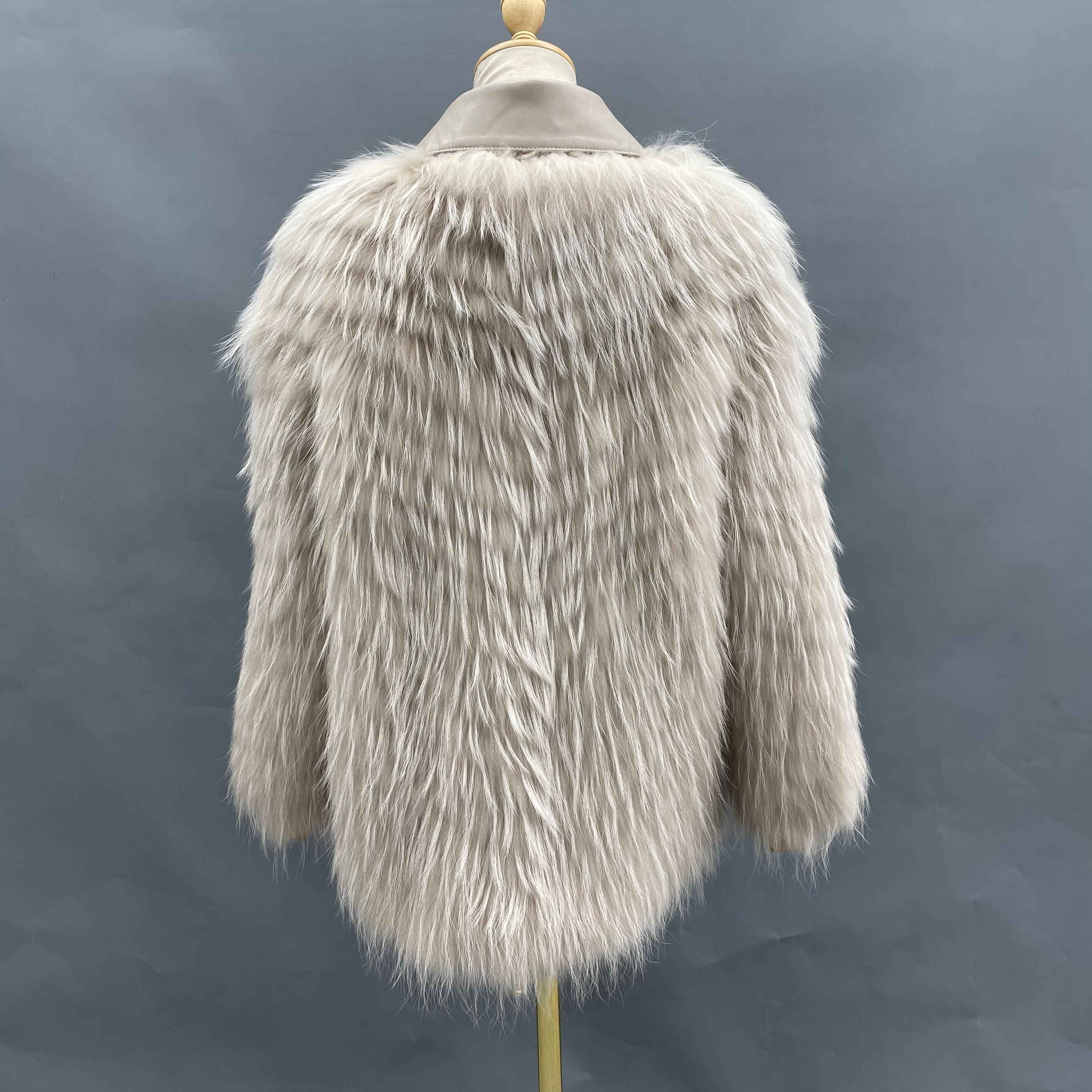 Women's Beige Raccoon Fur Jacket - Notched Lapel Asymmetric Placket Daily Wear Winter Outerwear