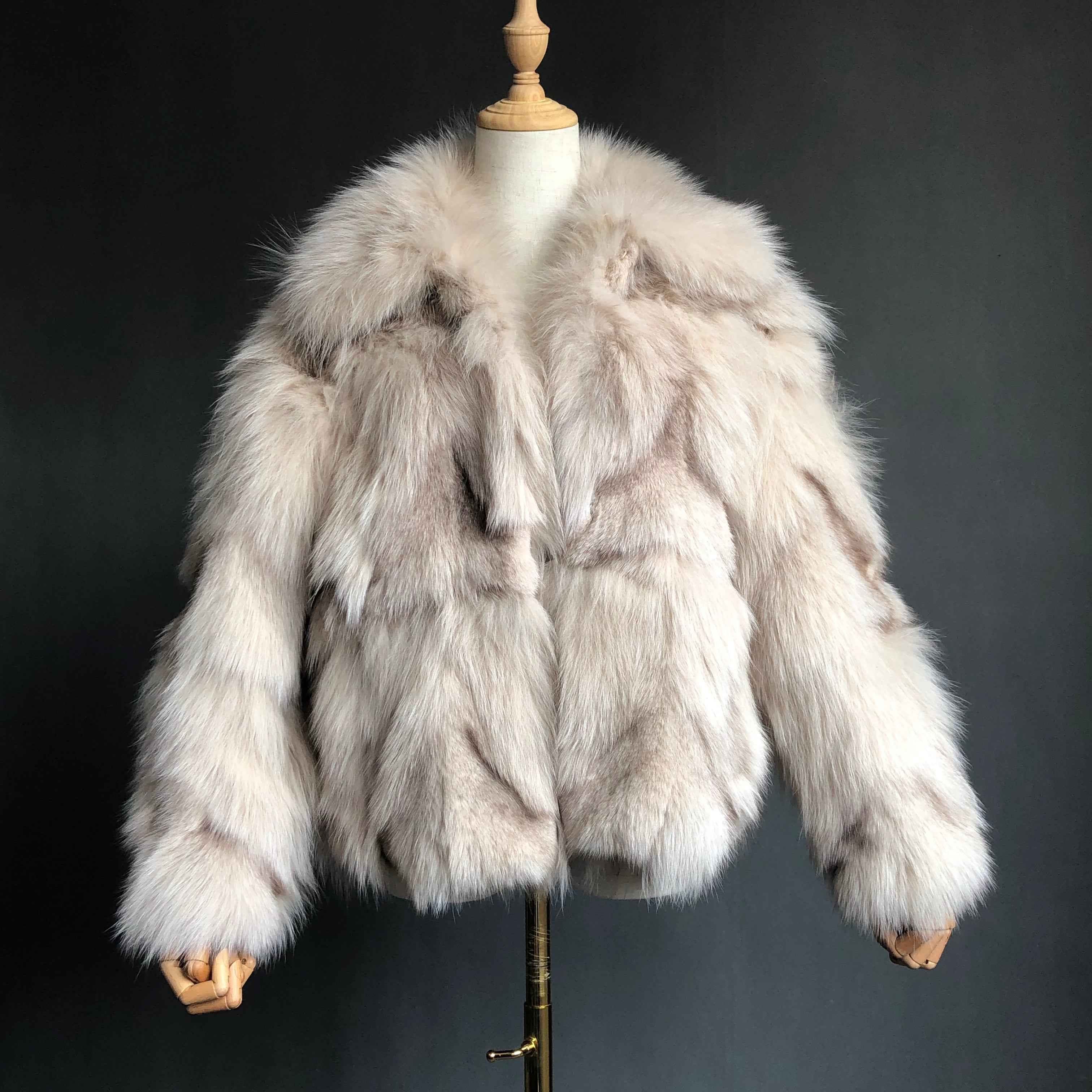 Genuine Fox Plum Leg Fur Long Coat - Winter Warm JANEFUR Beige
