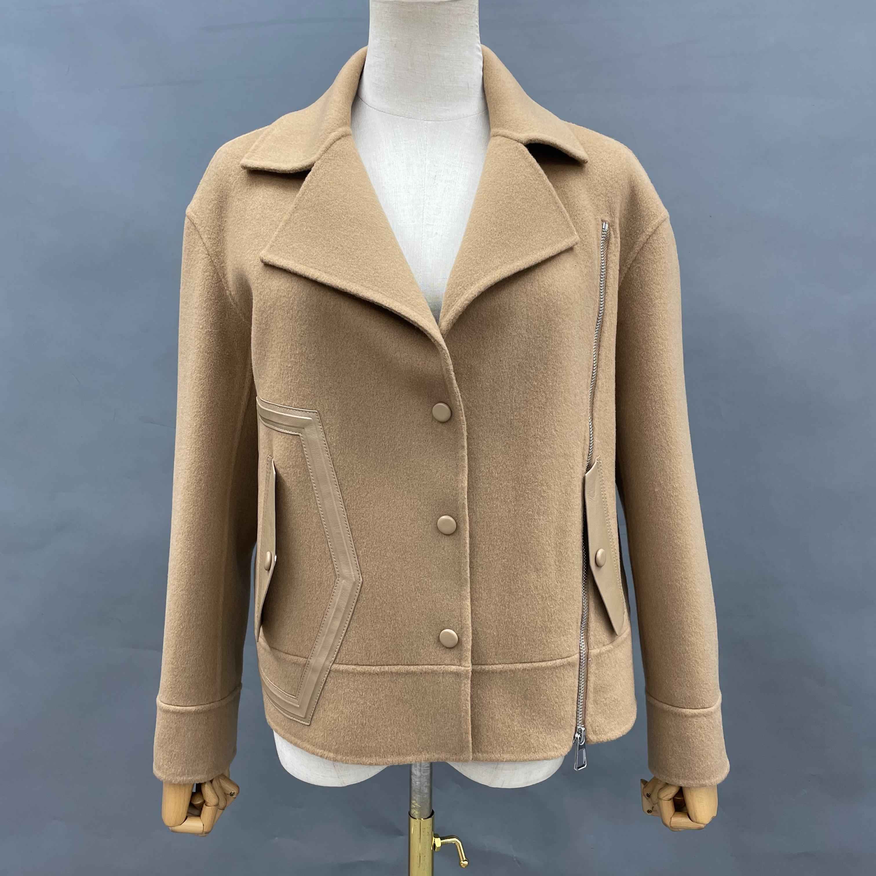 Short Cashmere Coat with Leather Trim Pockets and Zipper Cuff Design – Stylish Wool Jacket for Women Brown