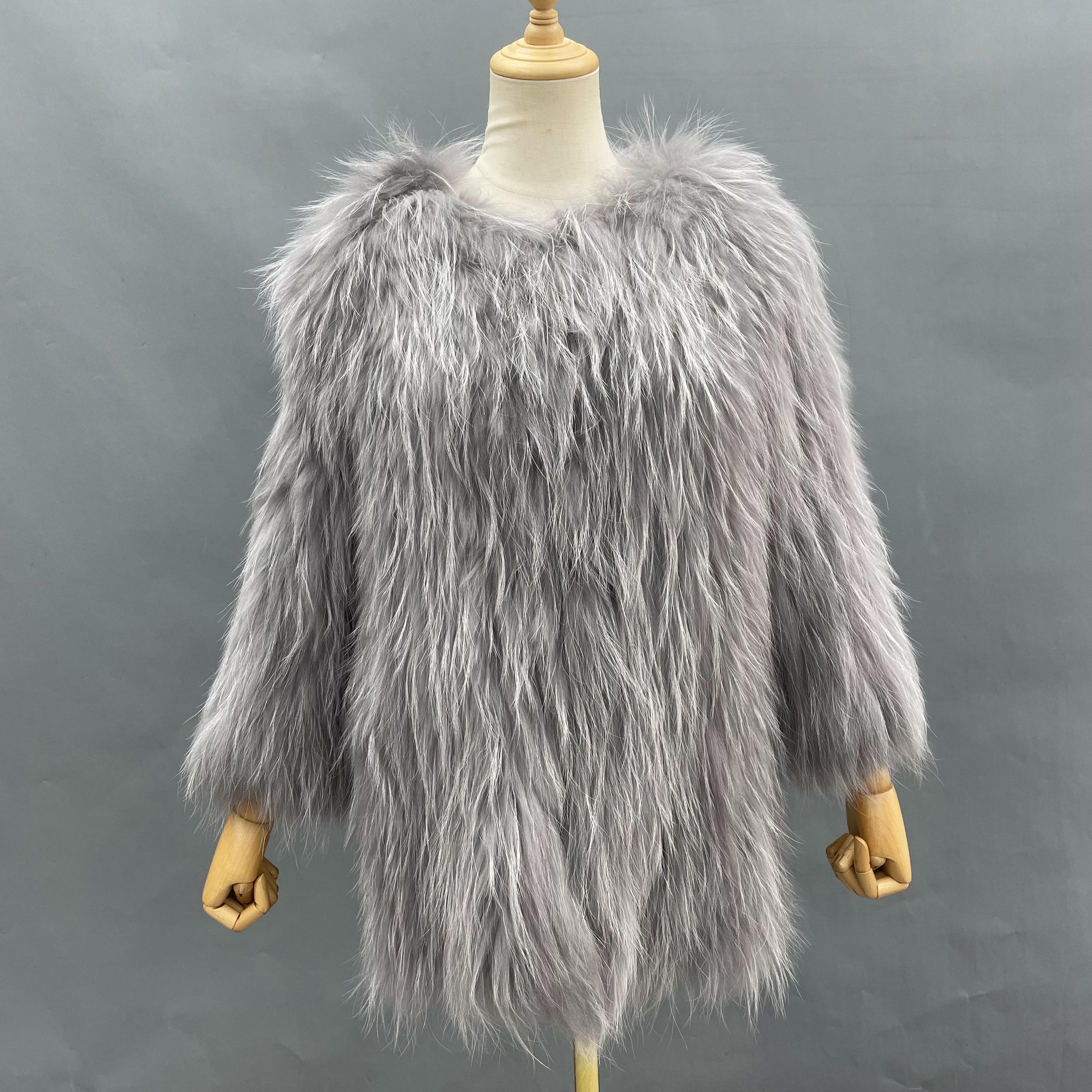Women's Knitted Raccoon Dog Fur Mid-Length Coat with Crew Neck - Luxurious Winter Outerwear