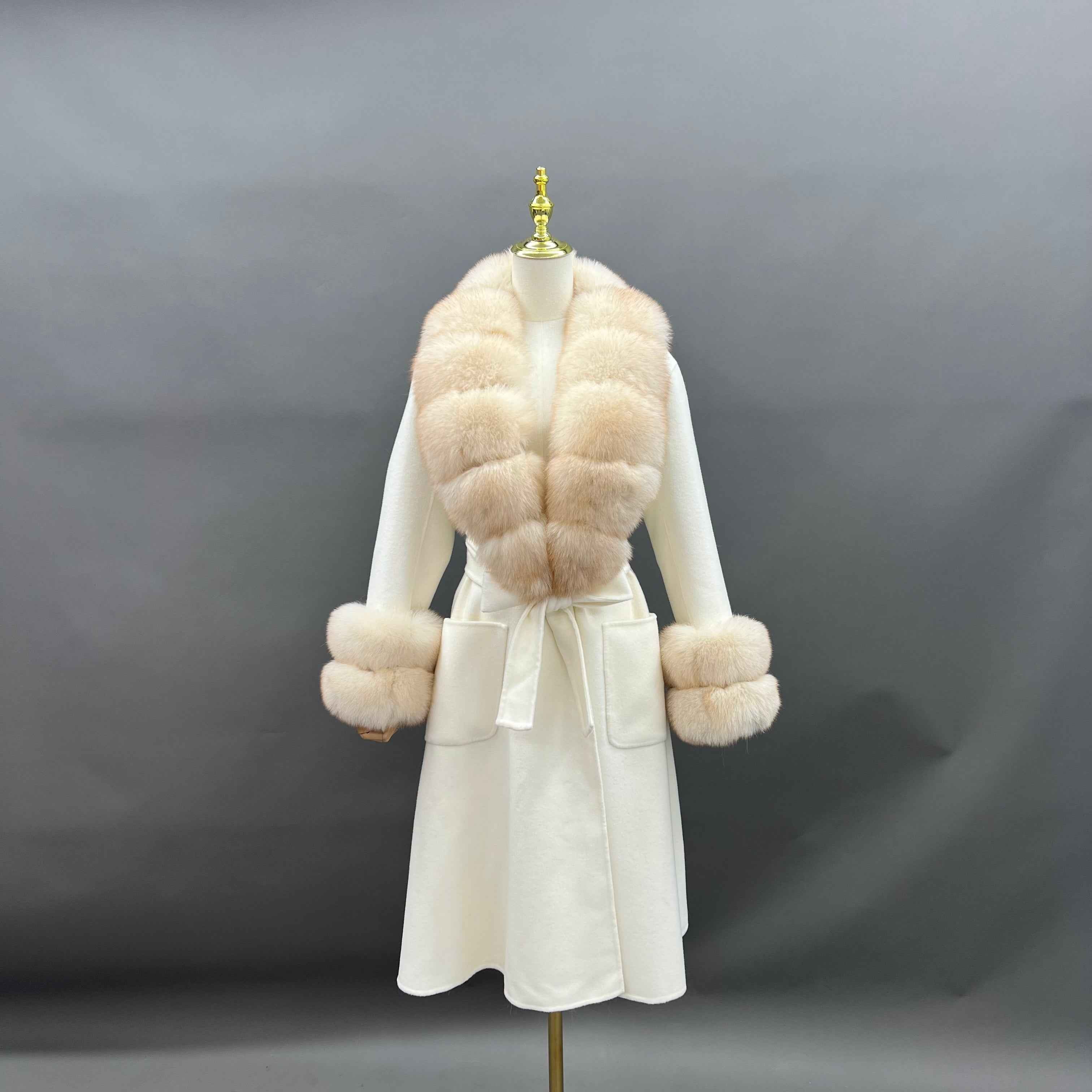 Women's Luxury Double - Faced Wool Coat with Segmented Fox Fur Collar, Two - Section Cuffs, Flared Skirt & Belt White