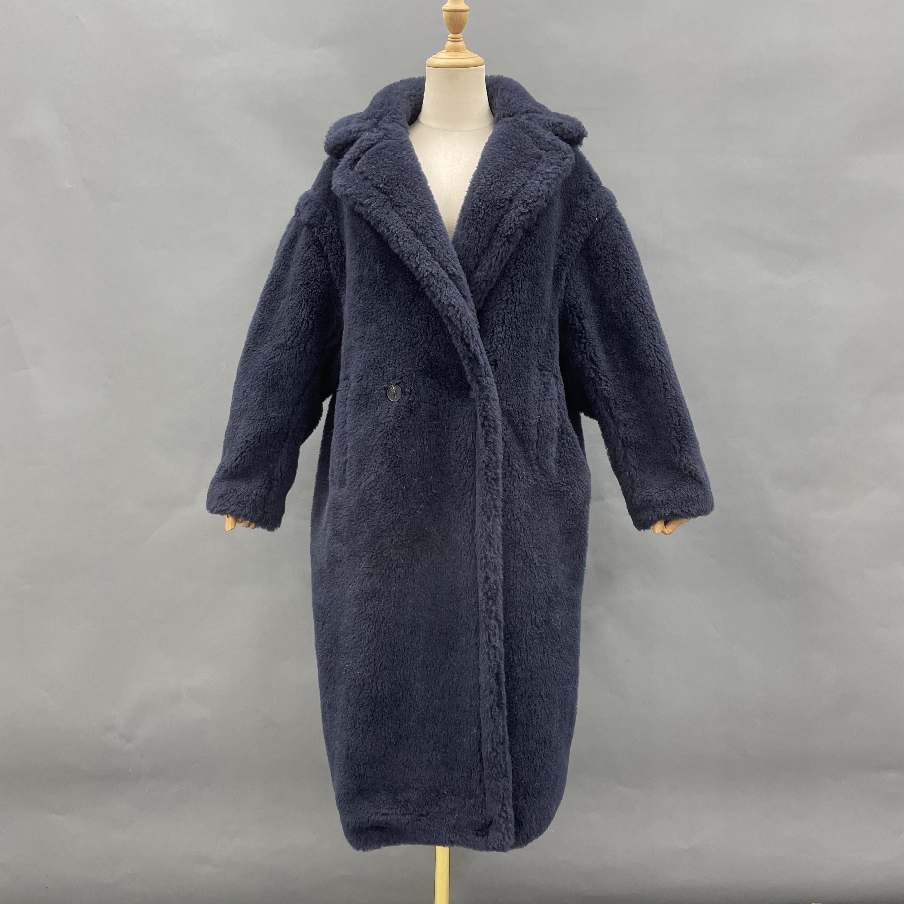 Women's Teddy Fleece Long Coat with Double-Breasted Notched Lapel - Luxe Winter Outerwear