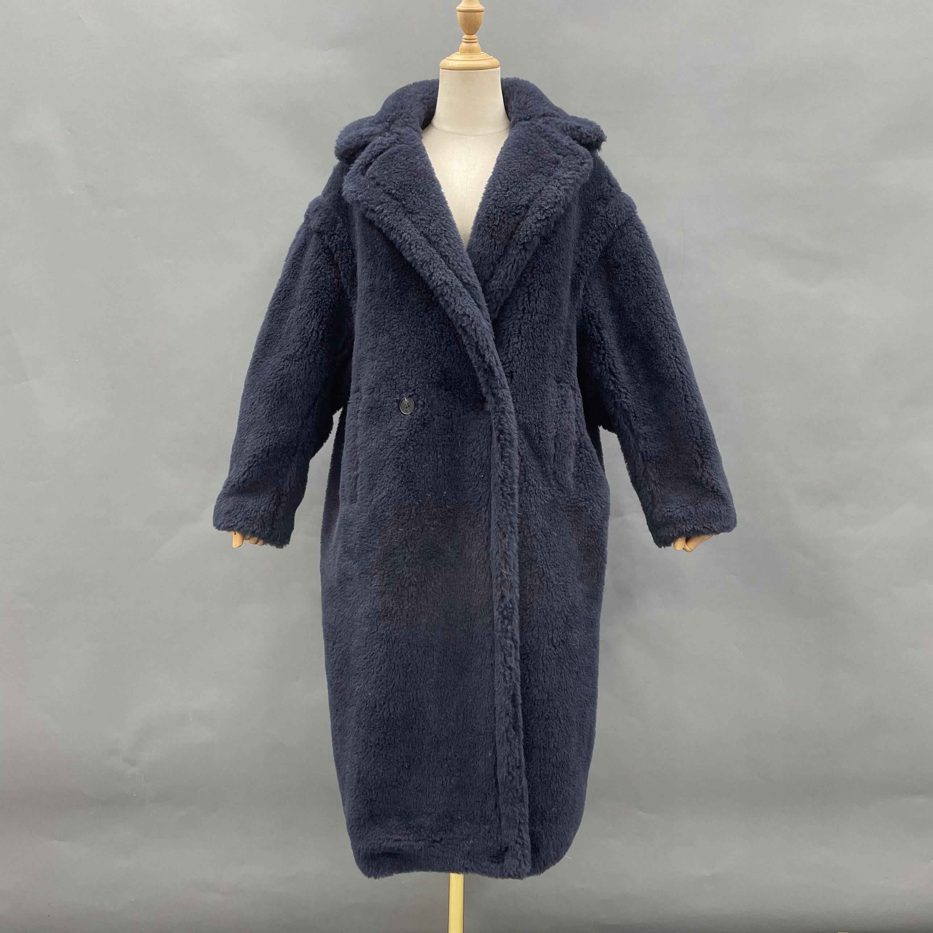 Women's Teddy Fleece Long Coat with Double-Breasted Notched Lapel - Luxe Winter Outerwear
