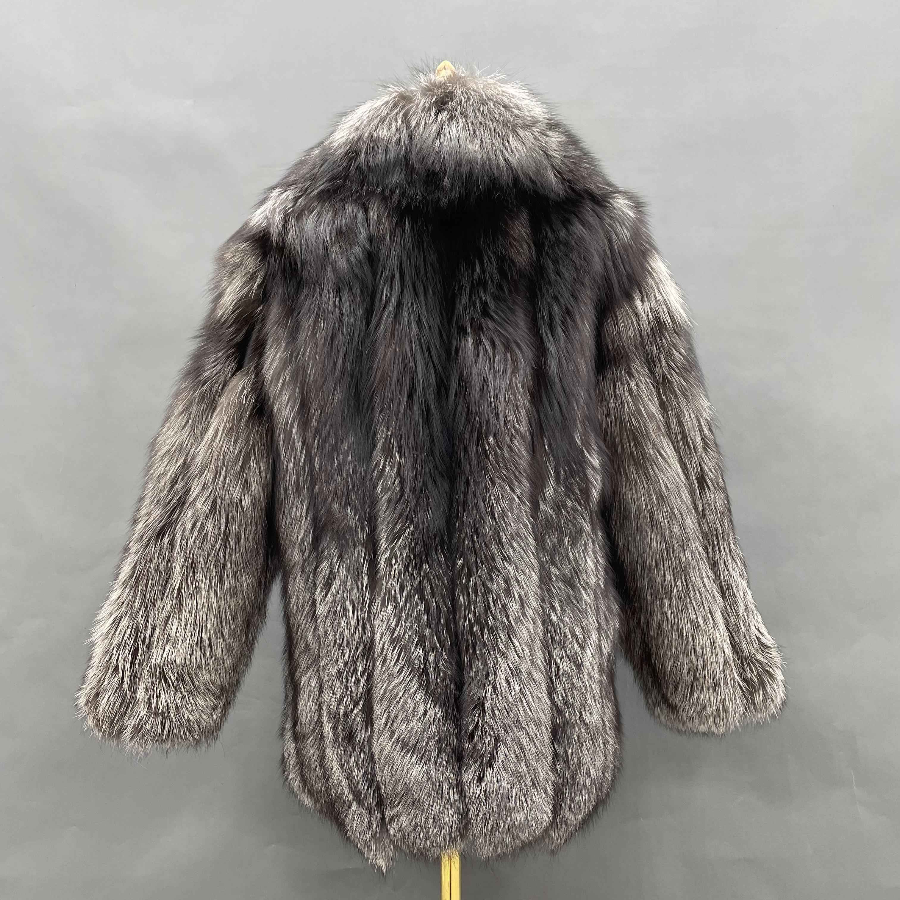 Women's Luxury Silver Fox Fur Coat - Notched Lapel Mid-Length Winter Fashion Warm Outerwear