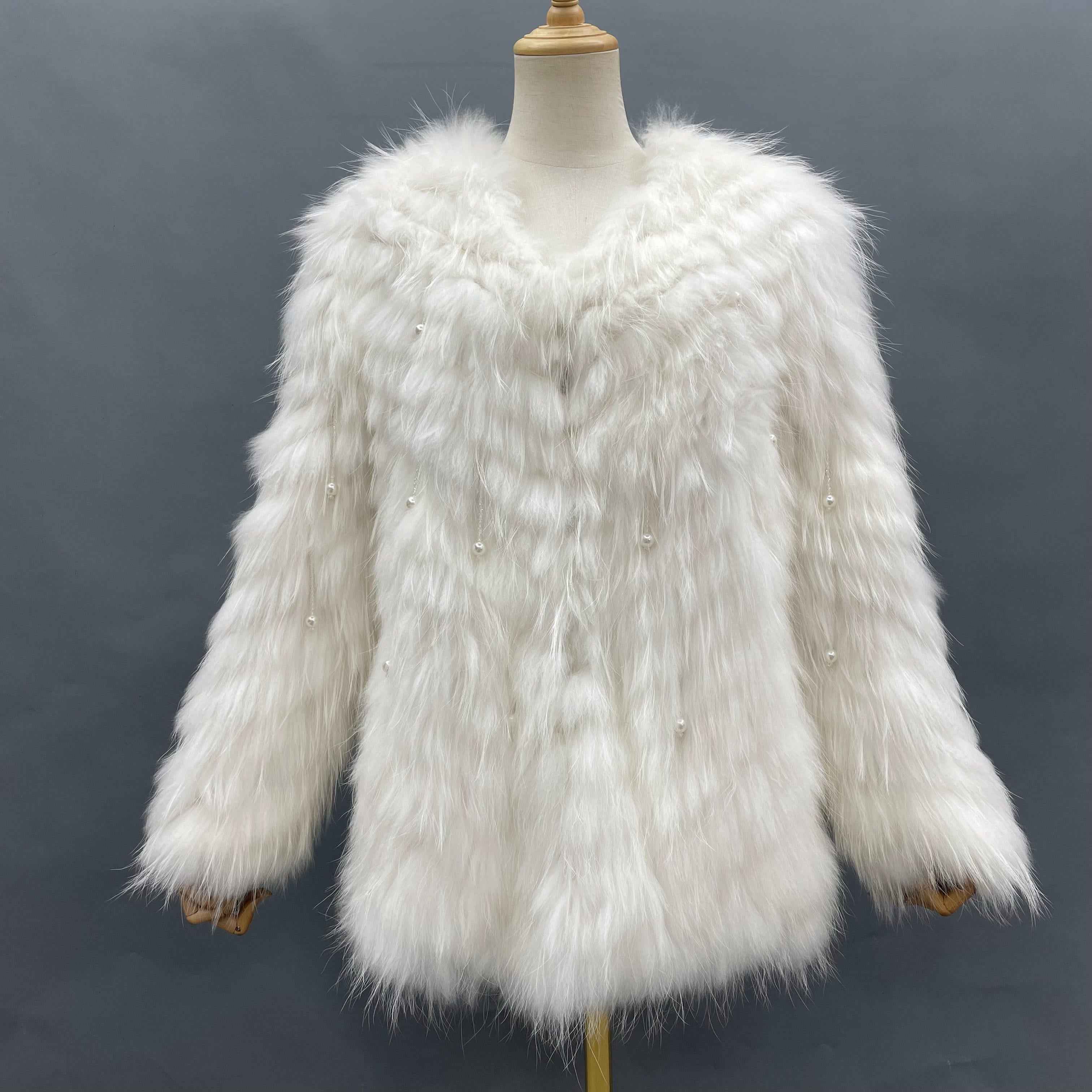 Women's Raccoon Fur Long Jacket - Pearl Tassel Party Statement Outerwear White F-CHEST 100