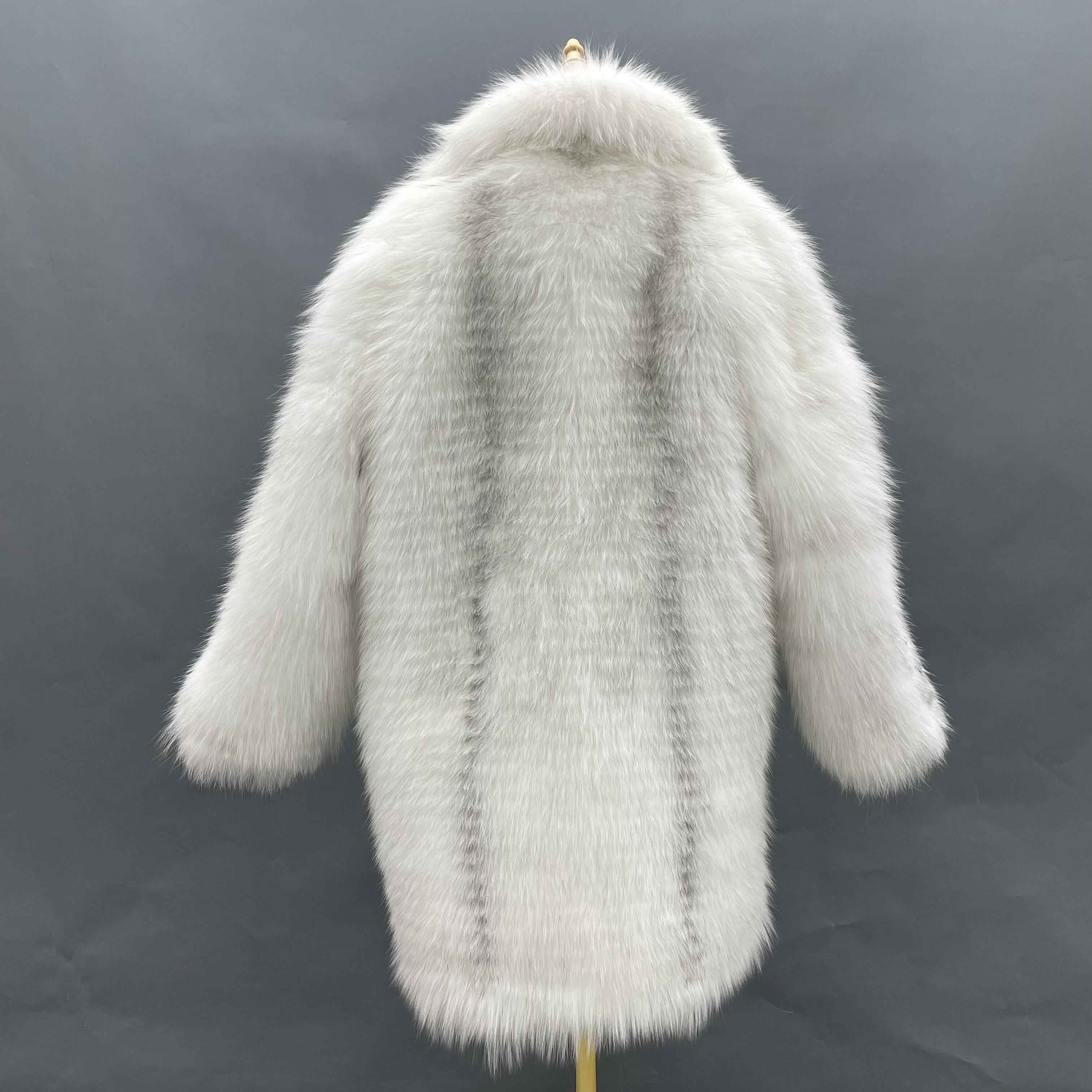 Women's Luxury Blue Frost Fox Fur Coat - Fine Striped Mid-Length Winter Fashion Warm Outerwear