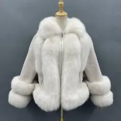 Women's Leather Coat With Fox Fur Collar Zipper White