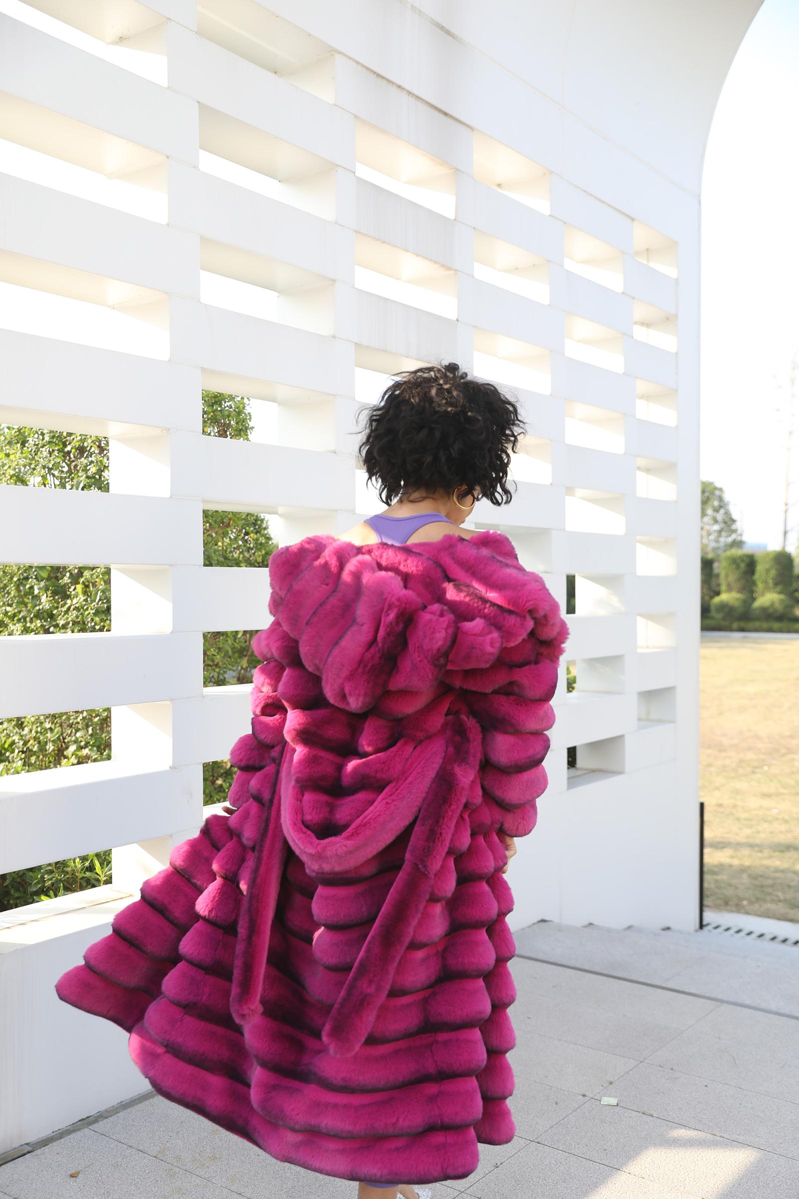 Eco Friendly Faux Fur Jacket with Hood Women's Fashionable Long Coat with Chinchilla Pattern