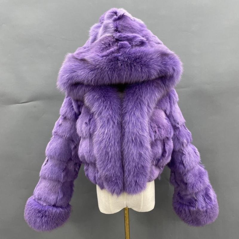 Luxury Women's Winter Short Fox Fur With Hooded Zipper Style Coat Light purple Click chat with us