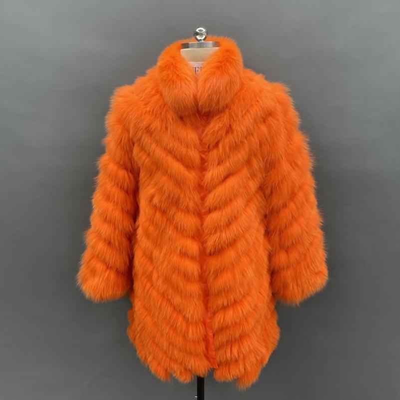 Double-Sided Fox Fur Diagonal Stripe Long Coat Orange
