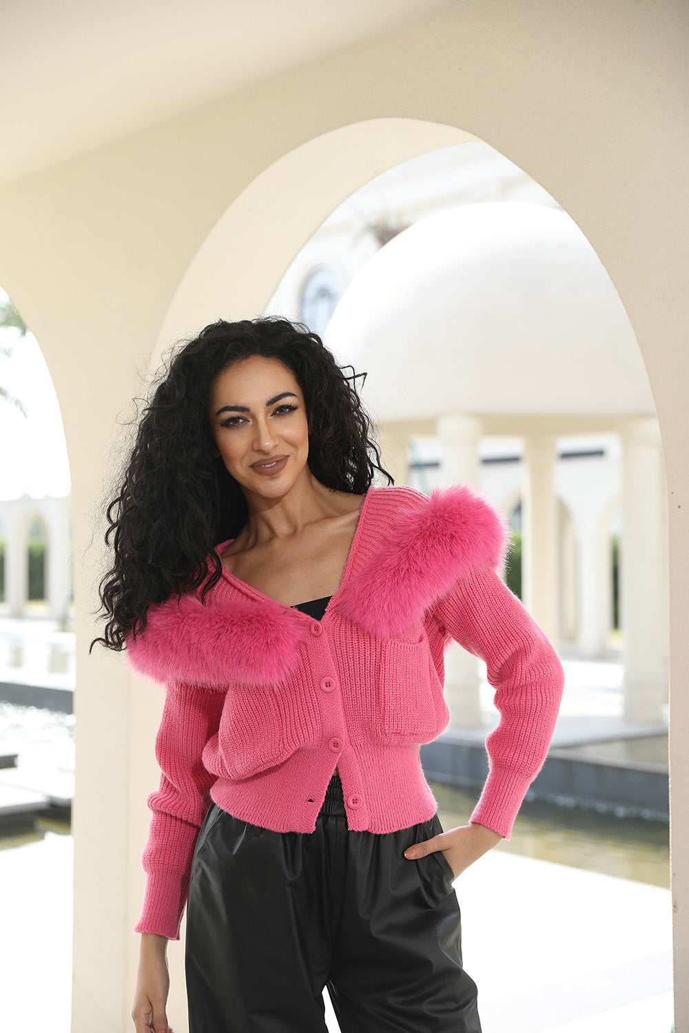 Janefur Cropped Knit Button Jacket with Faux Fur Collar Womens Knit Cardigan Sweaters