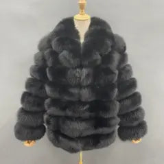 Winter Lapel Women's Fox Fur Warm Coat Black