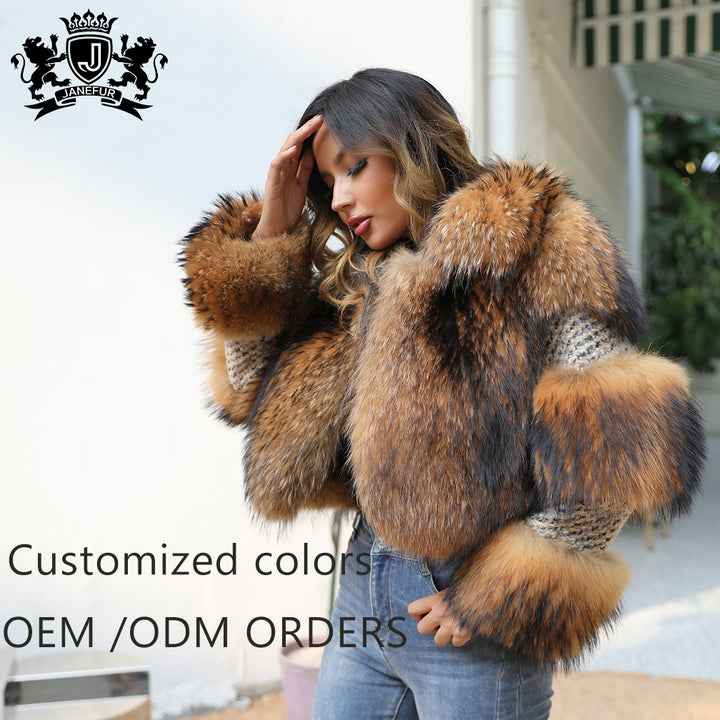 JANEFUR Luxury Wool Coat with Natural Raccoon Fur Trim - Stylish Cropped Jacket for Women (UK)