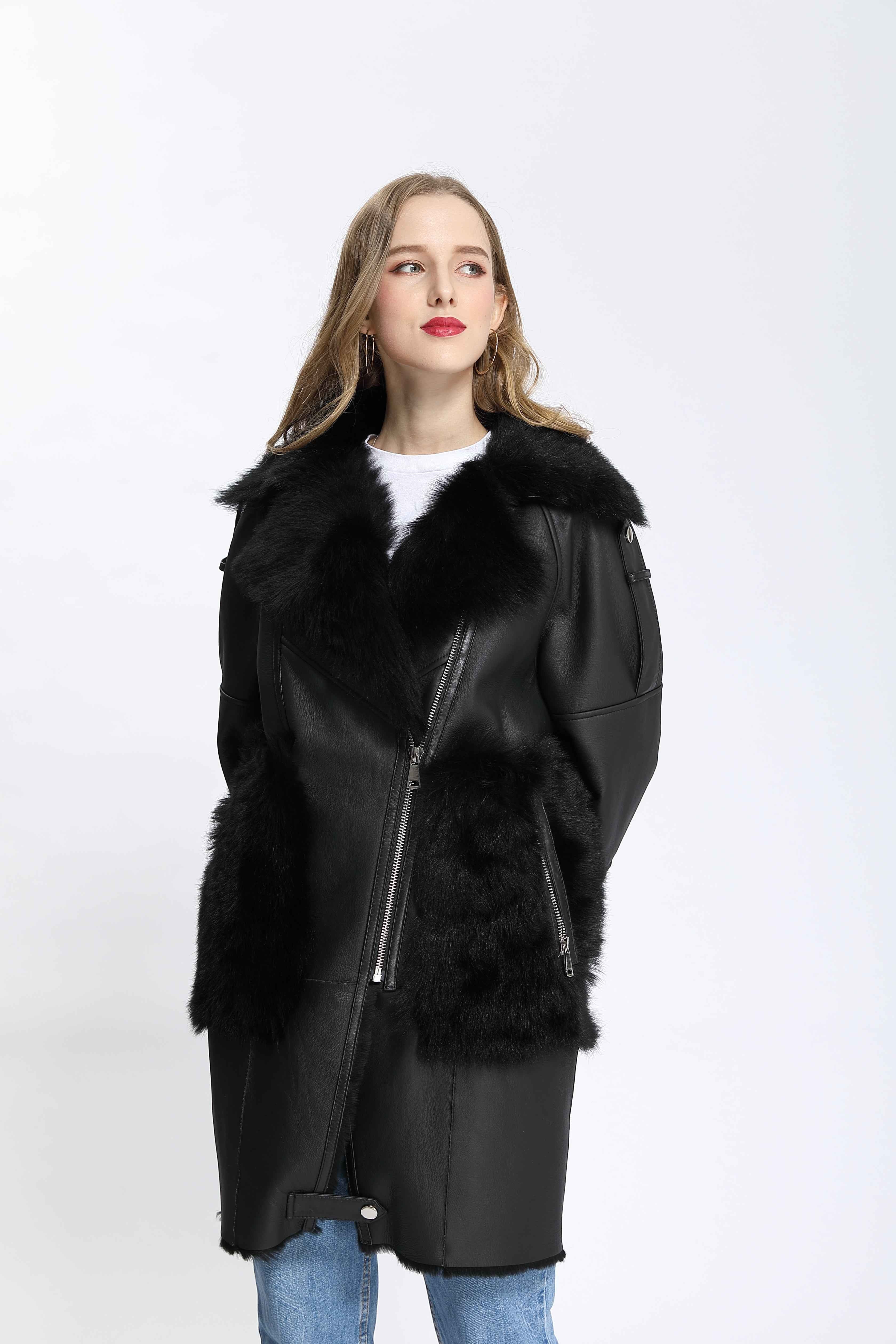 Women's Black Longline Shearling Leather Coat with Fur-Trimmed Pockets, Notched Lapel & Asymmetric Zipper - Luxe Winter Outerwear Black