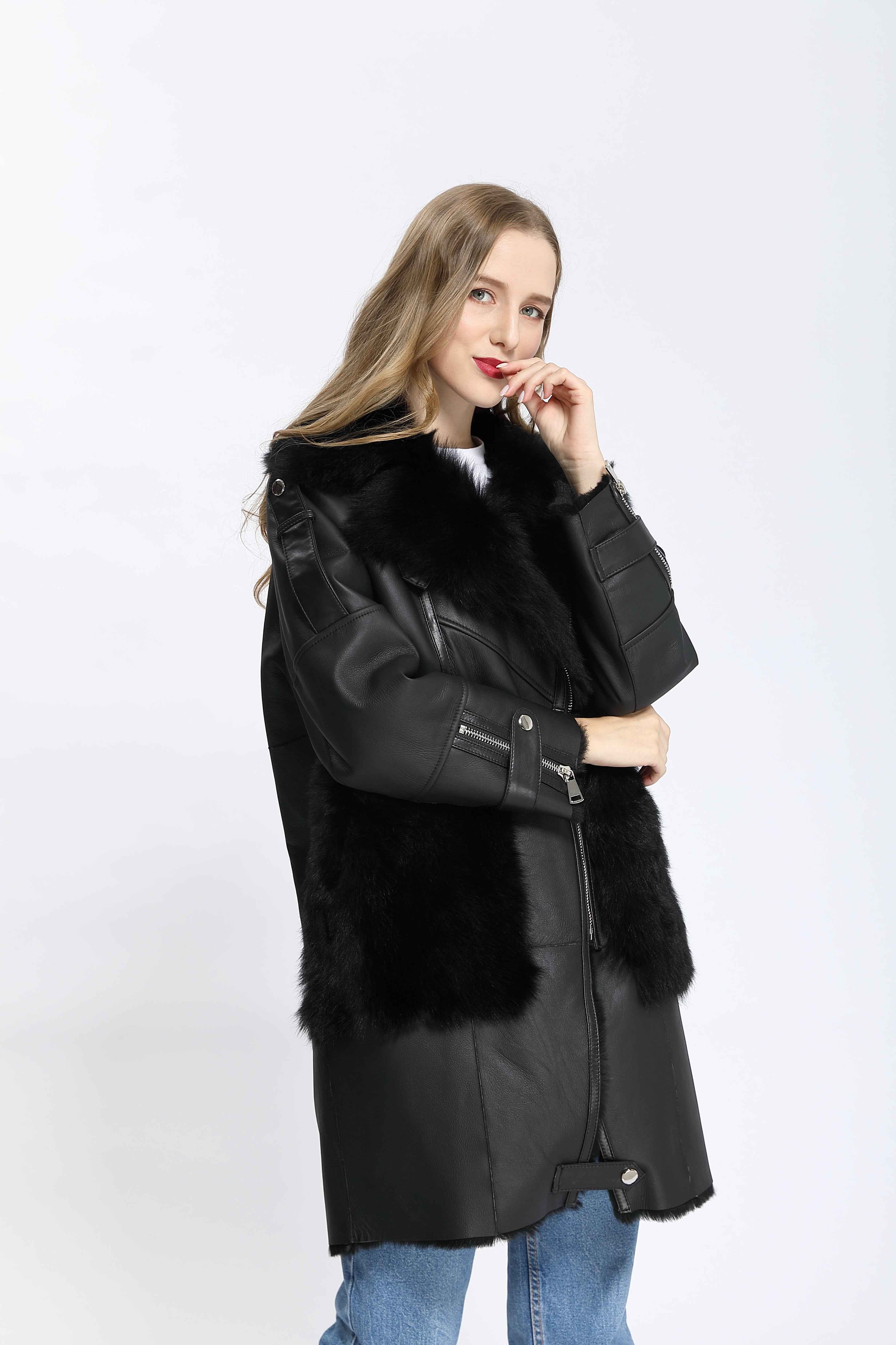 Women's Black Longline Shearling Leather Coat with Fur-Trimmed Pockets, Notched Lapel & Asymmetric Zipper - Luxe Winter Outerwear