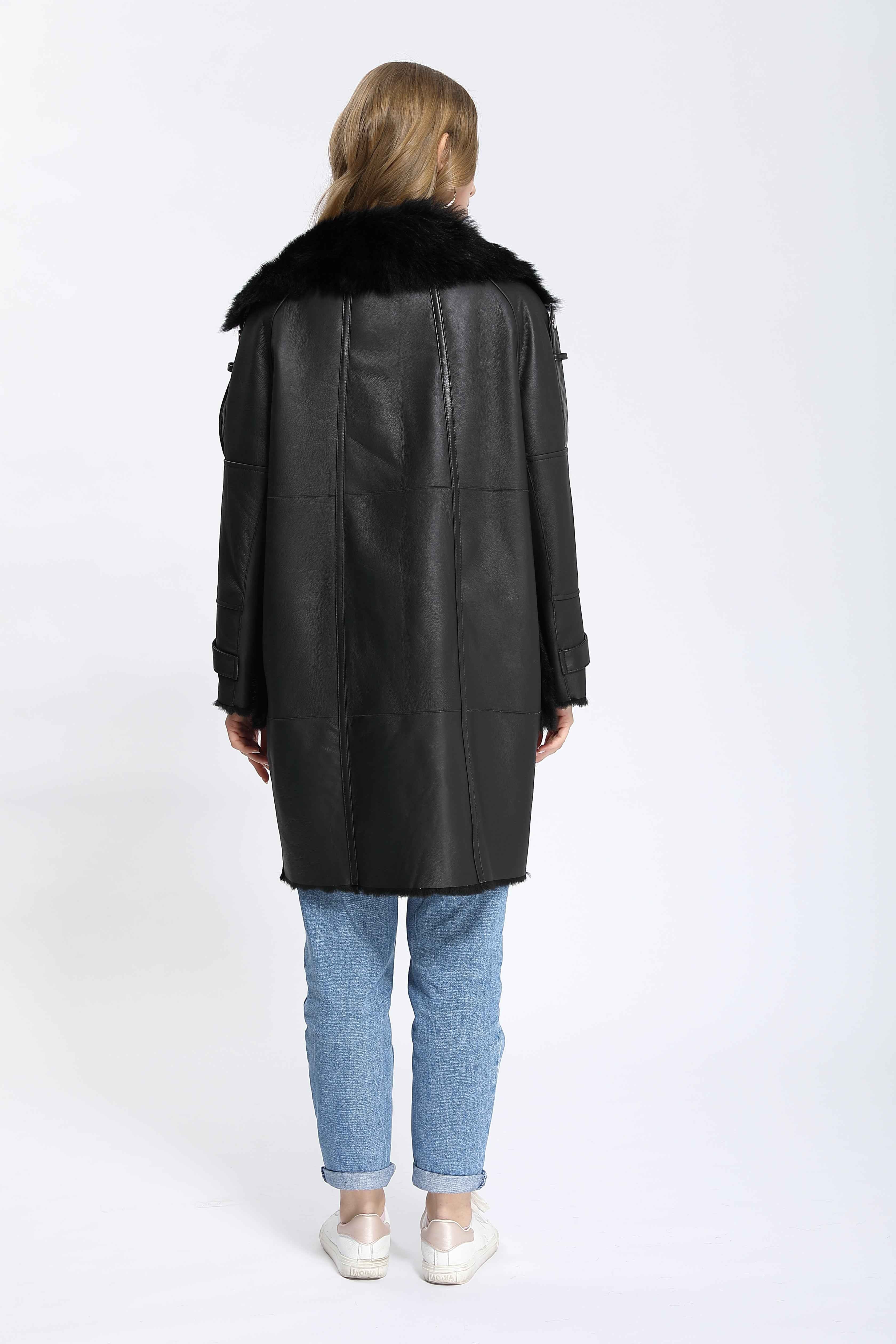 Women's Black Longline Shearling Leather Coat with Fur-Trimmed Pockets, Notched Lapel & Asymmetric Zipper - Luxe Winter Outerwear