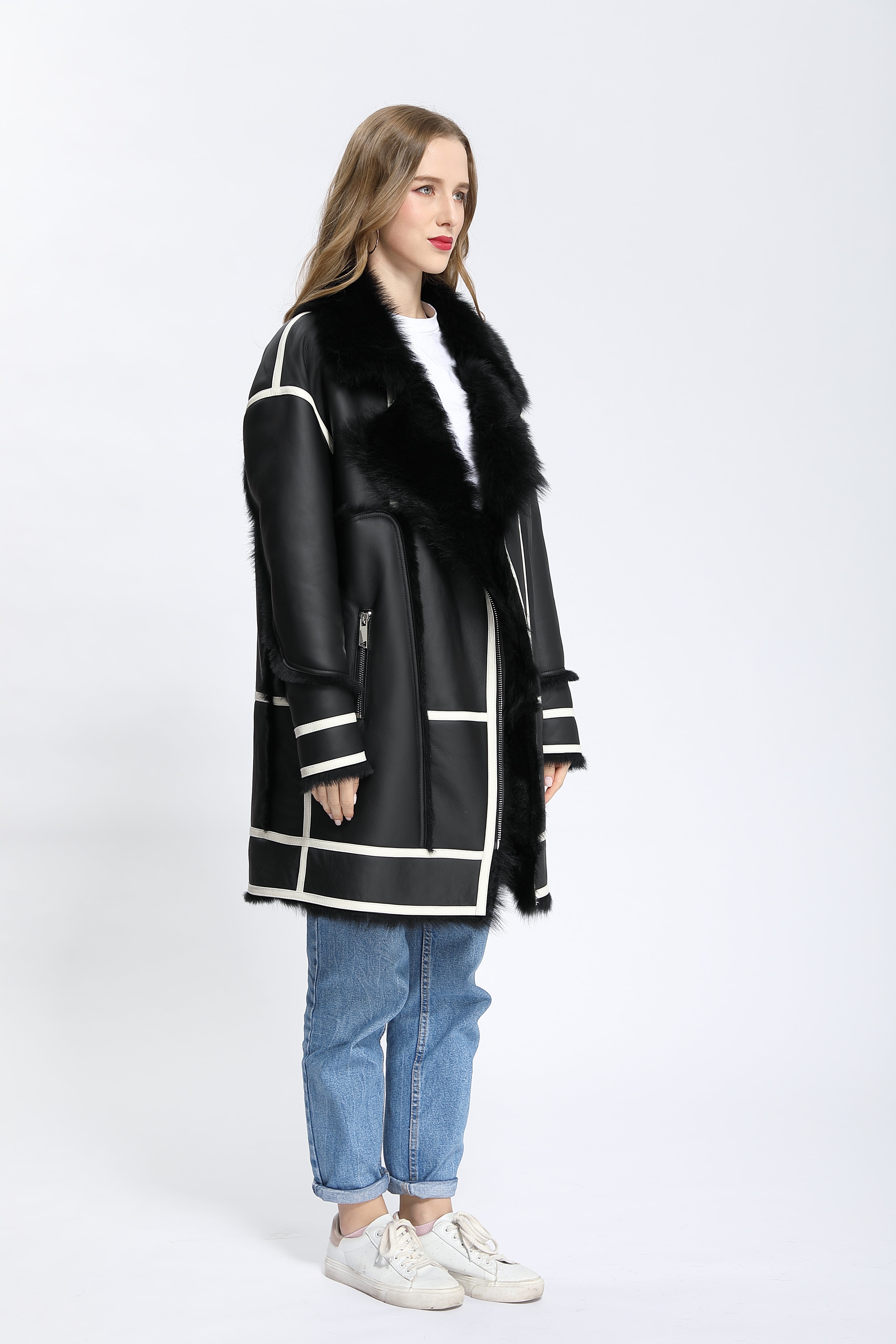 Women's Young-Style Color-Block Shearling Biker Jacket with Fur Collar & Asymmetric Zipper - Trendy Winter Outerwear