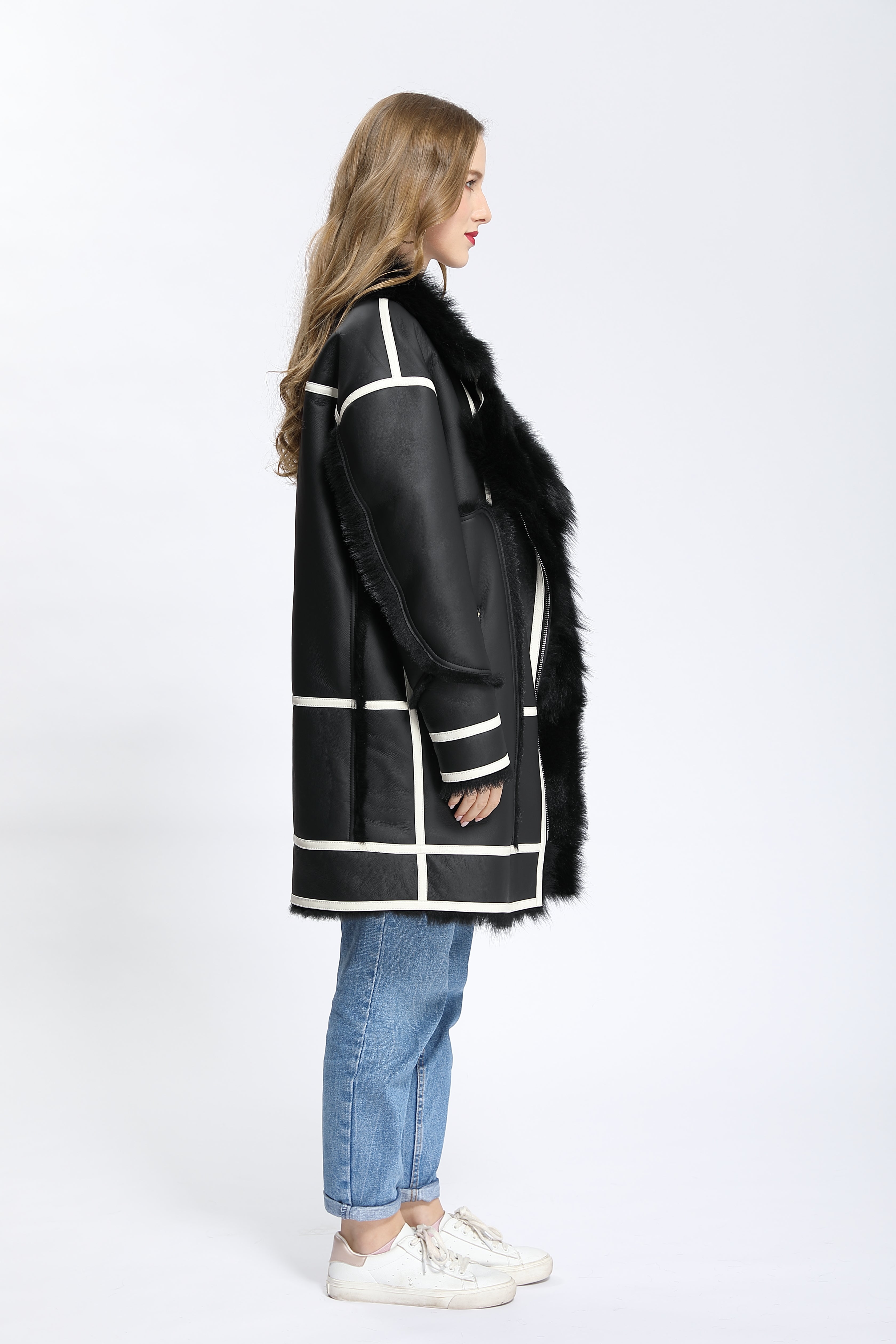 Women's Young-Style Color-Block Shearling Biker Jacket with Fur Collar & Asymmetric Zipper - Trendy Winter Outerwear