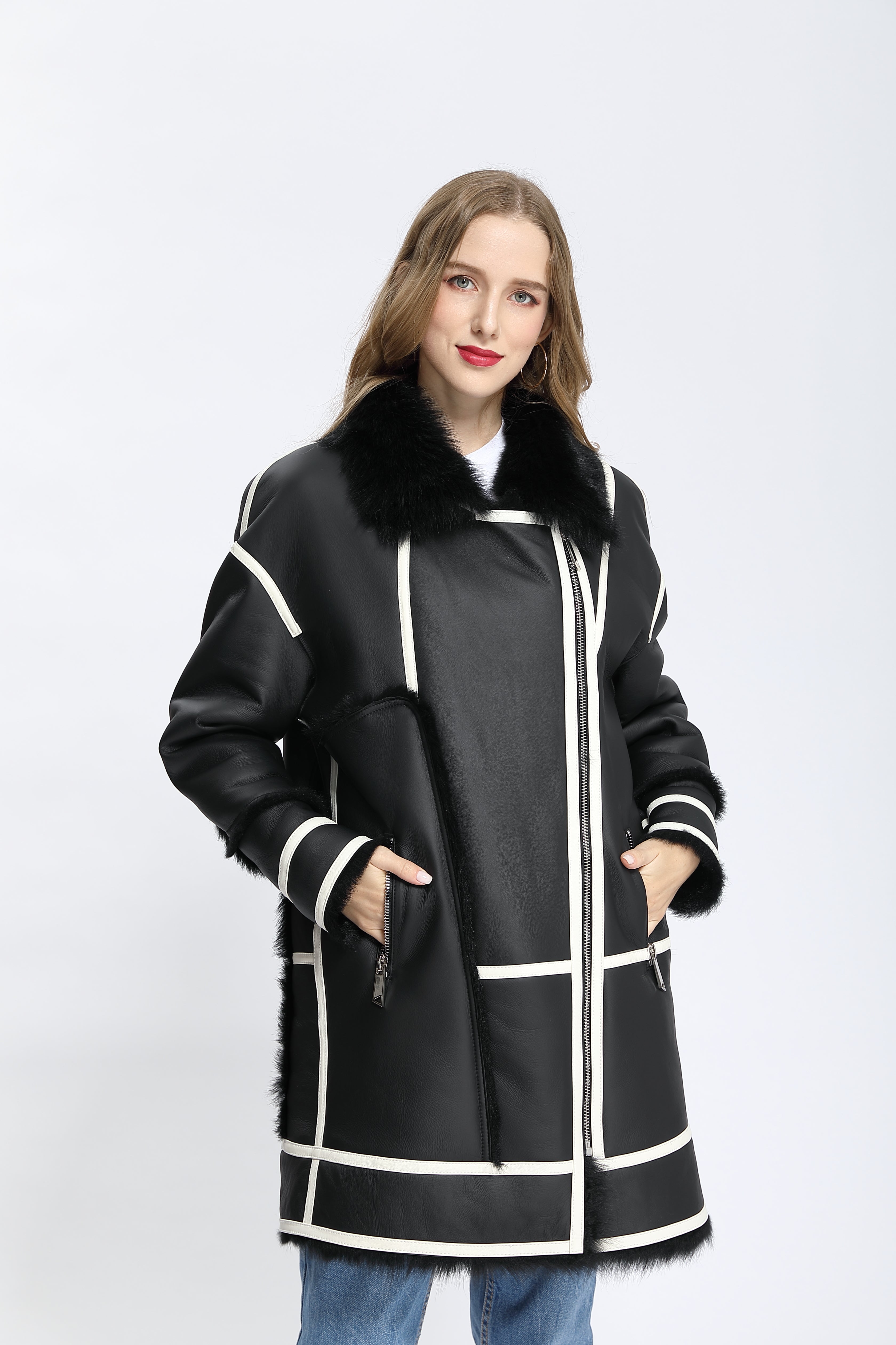 Women's Young-Style Color-Block Shearling Biker Jacket with Fur Collar & Asymmetric Zipper - Trendy Winter Outerwear