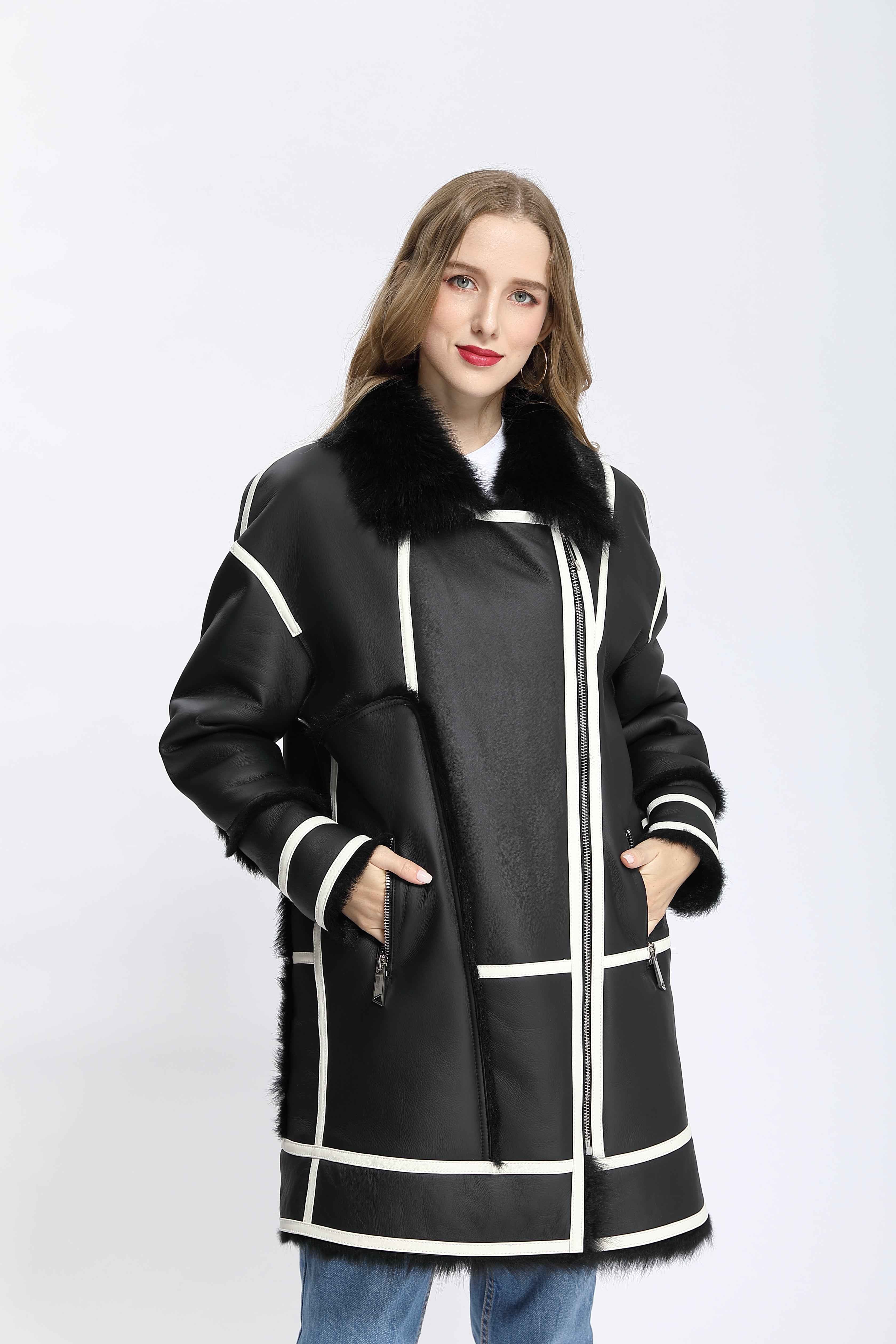 Women's Young-Style Color-Block Shearling Biker Jacket with Fur Collar & Asymmetric Zipper - Trendy Winter Outerwear