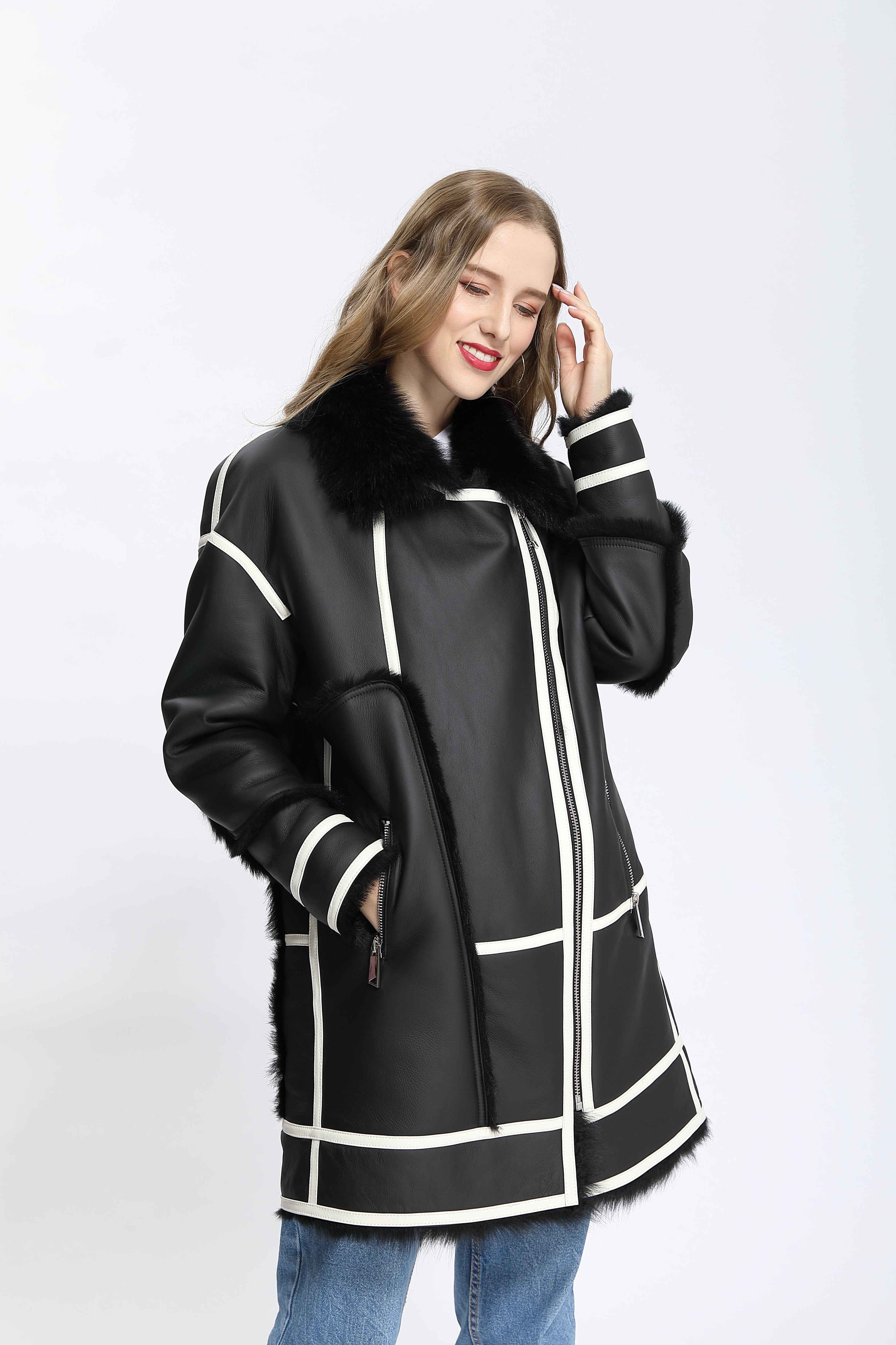 Women's Young-Style Color-Block Shearling Biker Jacket with Fur Collar & Asymmetric Zipper - Trendy Winter Outerwear
