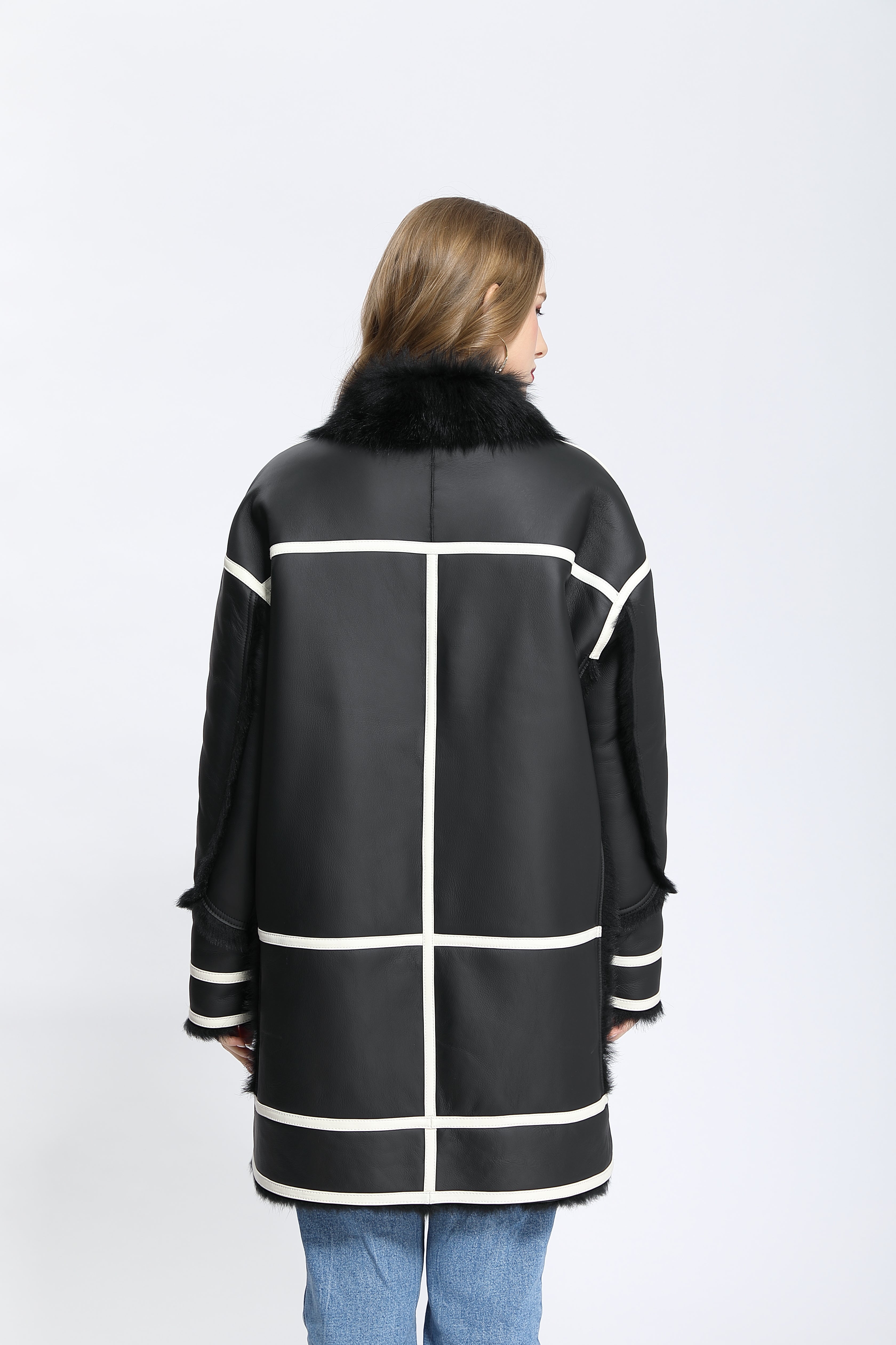 Women's Young-Style Color-Block Shearling Biker Jacket with Fur Collar & Asymmetric Zipper - Trendy Winter Outerwear