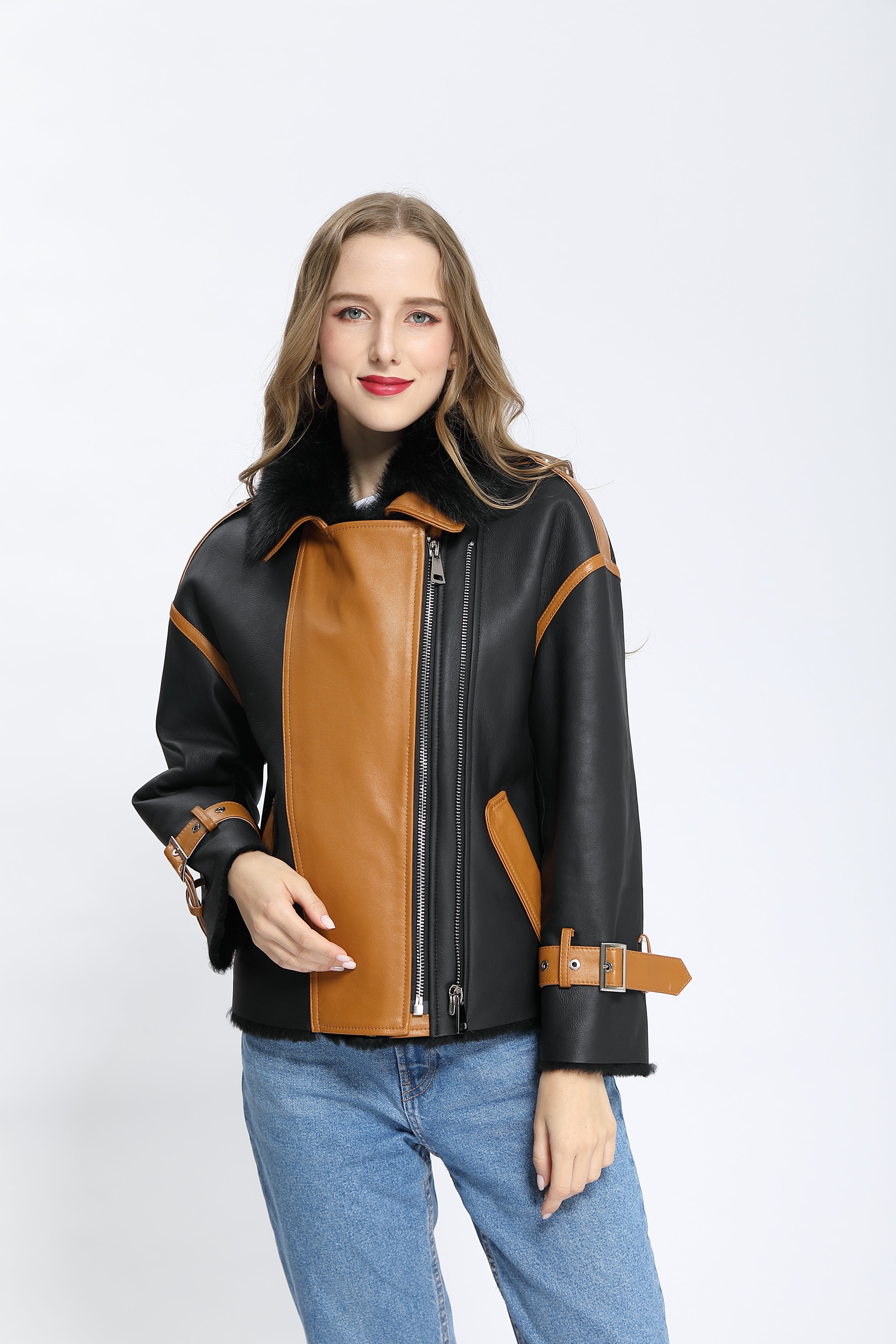 Women's Color-Block Toscana Shearling Asymmetric Biker Jacket with Fur Collar & Buckle Cuffs - Luxe Winter Outerwear