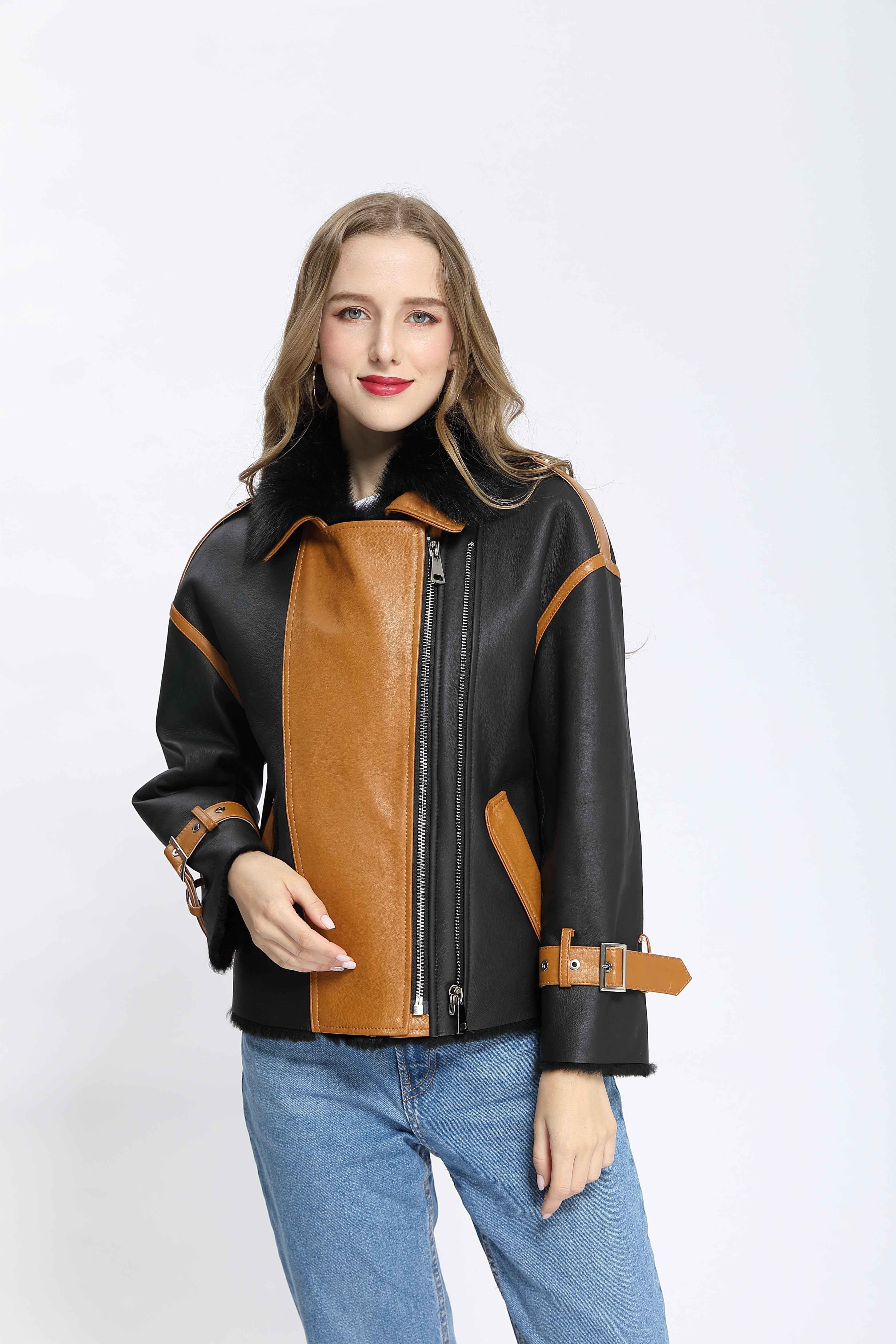 Women's Color-Block Toscana Shearling Asymmetric Biker Jacket with Fur Collar & Buckle Cuffs - Luxe Winter Outerwear
