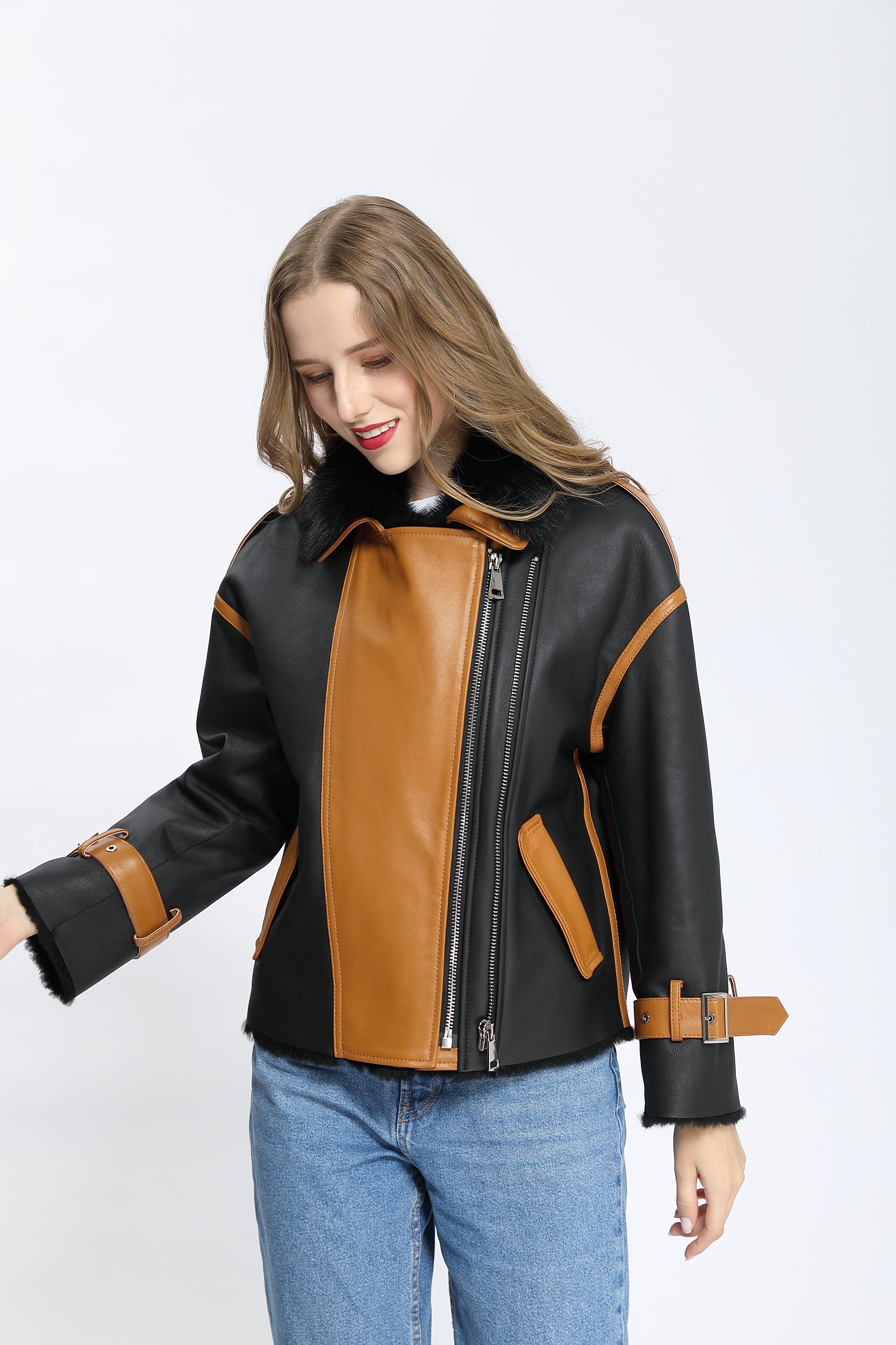 Women's Color-Block Toscana Shearling Asymmetric Biker Jacket with Fur Collar & Buckle Cuffs - Luxe Winter Outerwear