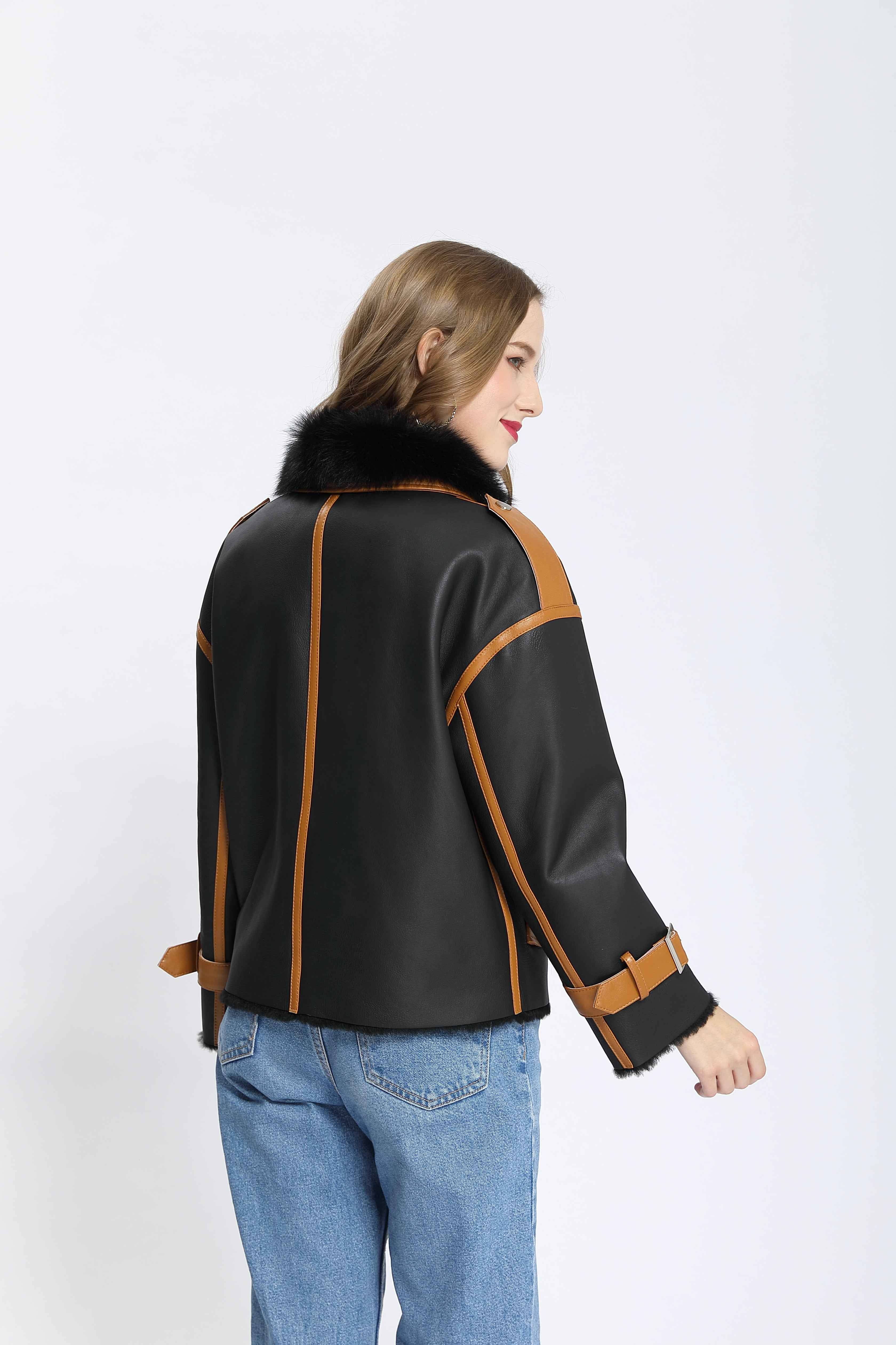 Women's Color-Block Toscana Shearling Asymmetric Biker Jacket with Fur Collar & Buckle Cuffs - Luxe Winter Outerwear