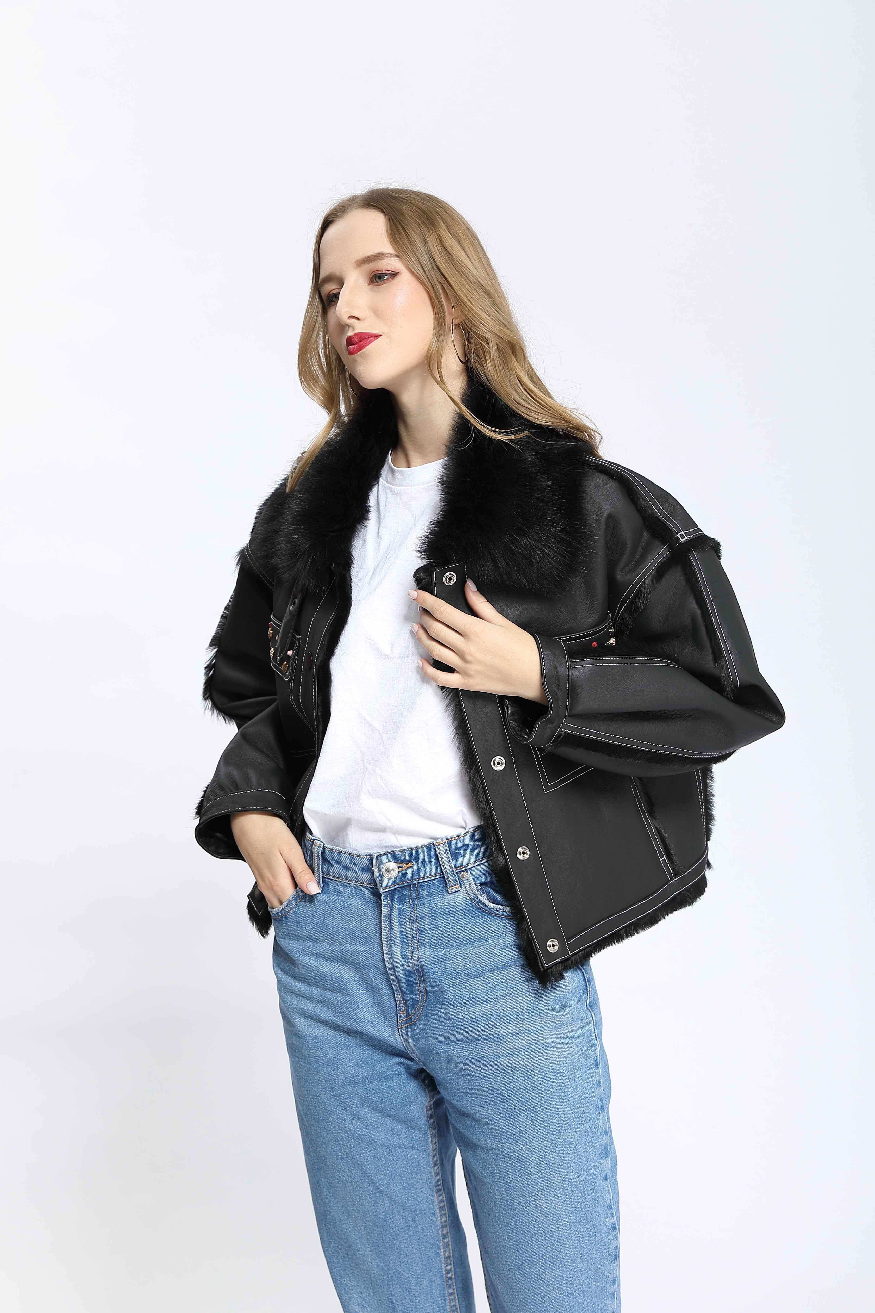 Women's Toscana Shearling Jacket with Stud-Embellished Patch Pockets, Fur Collar & Contrast Stitching - Luxe Winter Outerwear