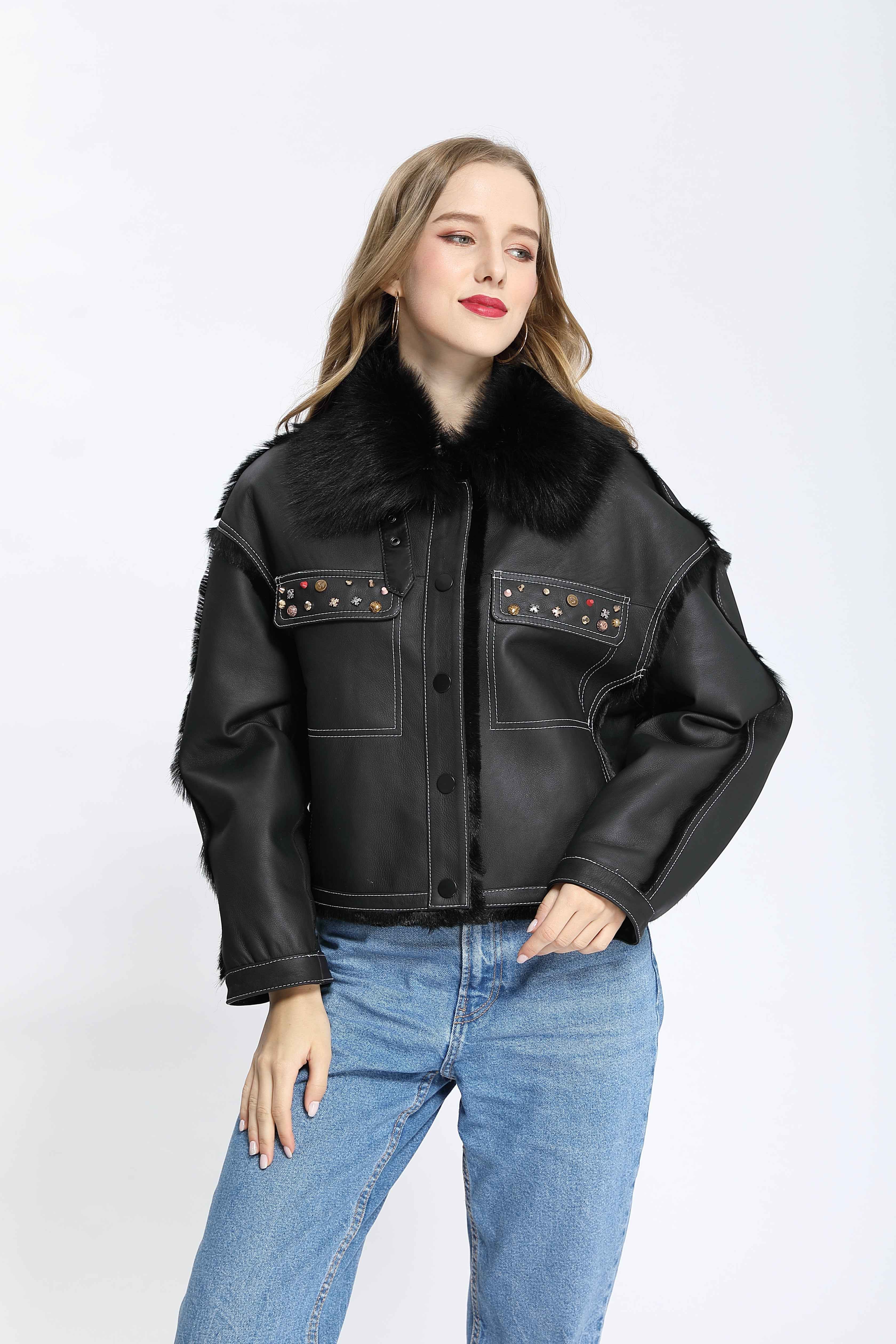 Women's Toscana Shearling Jacket with Stud-Embellished Patch Pockets, Fur Collar & Contrast Stitching - Luxe Winter Outerwear