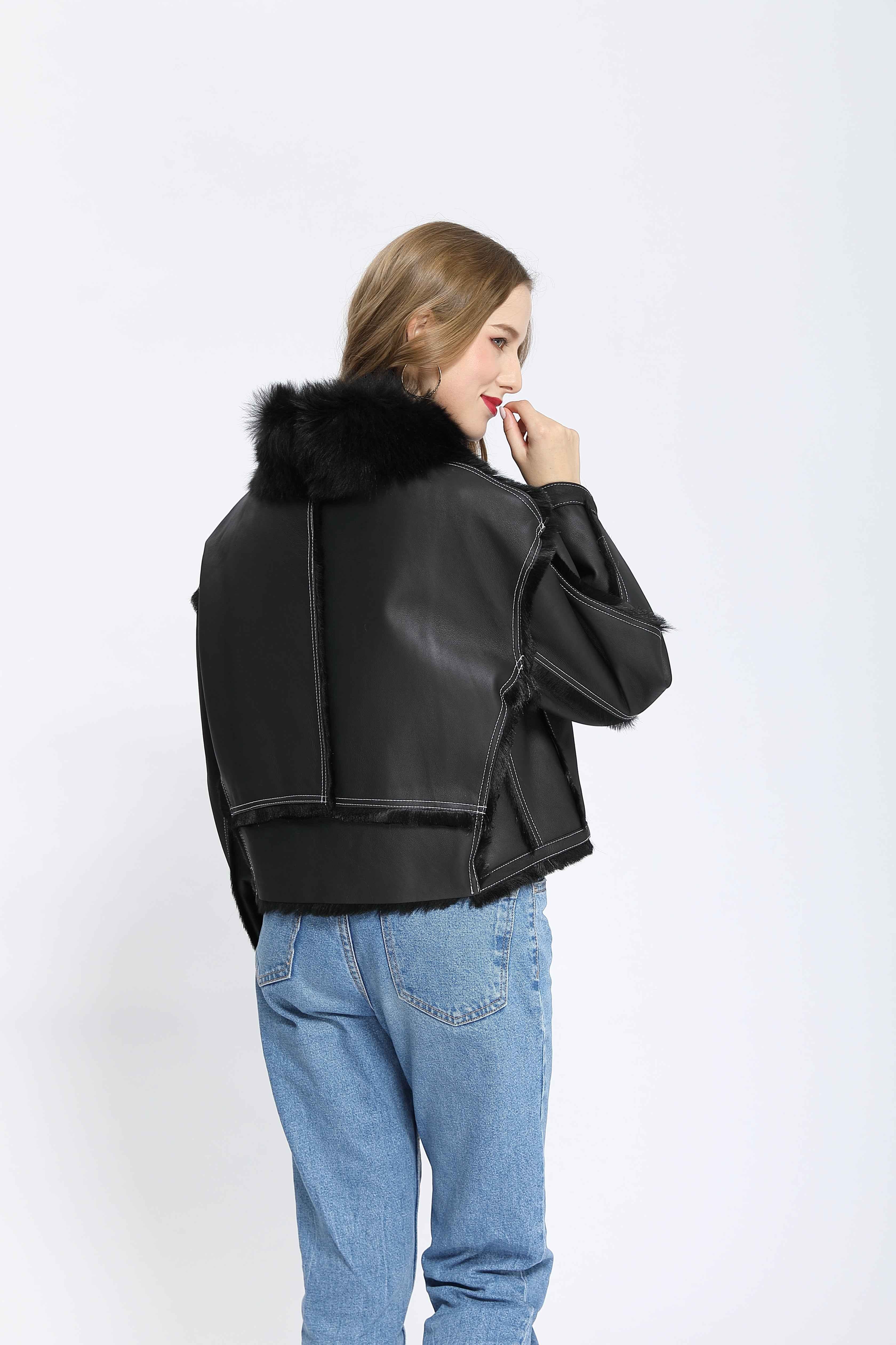 Women's Toscana Shearling Jacket with Stud-Embellished Patch Pockets, Fur Collar & Contrast Stitching - Luxe Winter Outerwear