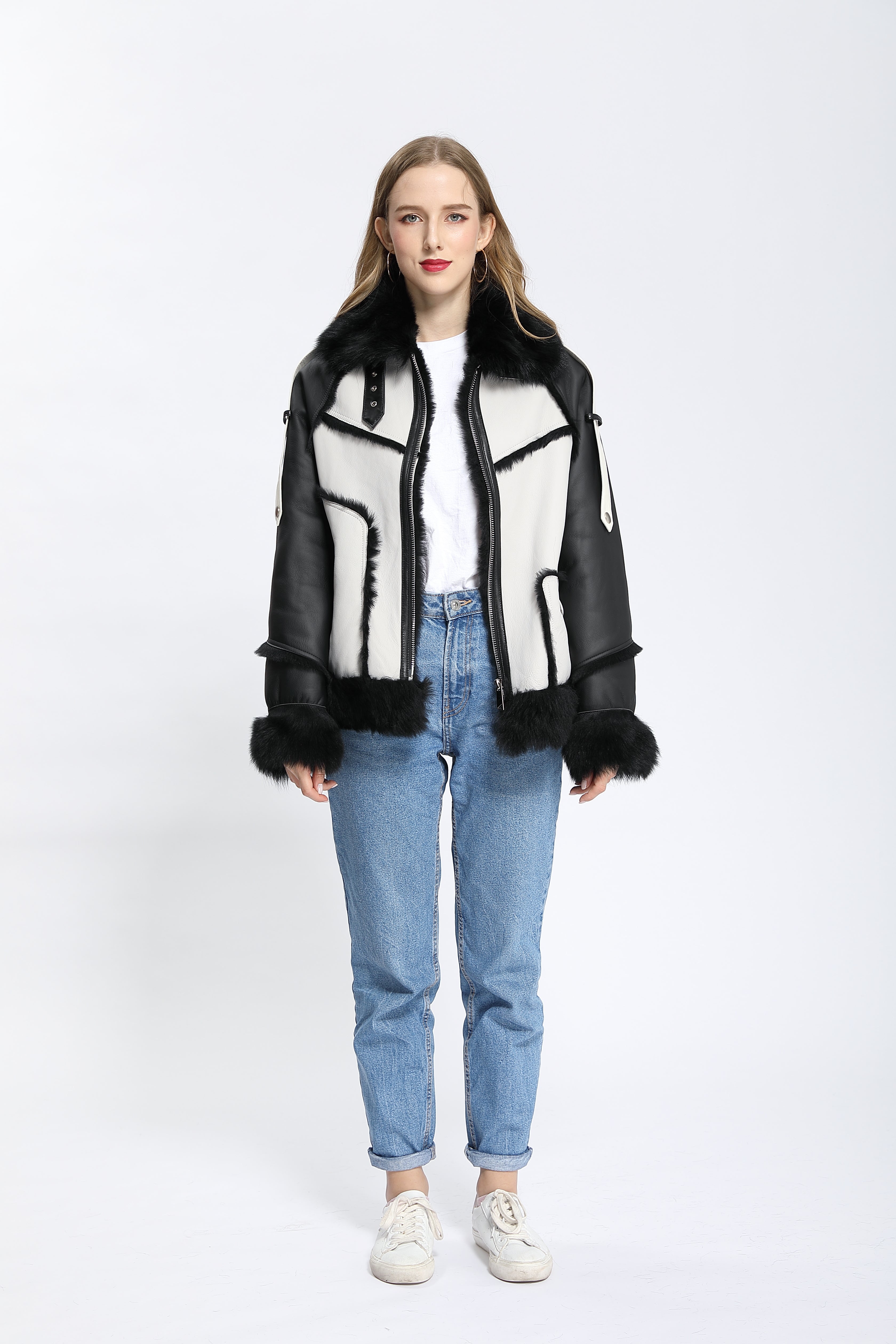 Women's Black & Gray Color-Block Shearling Jacket with Notched Lapel & Zipper Placket - Trendy Winter Outerwear