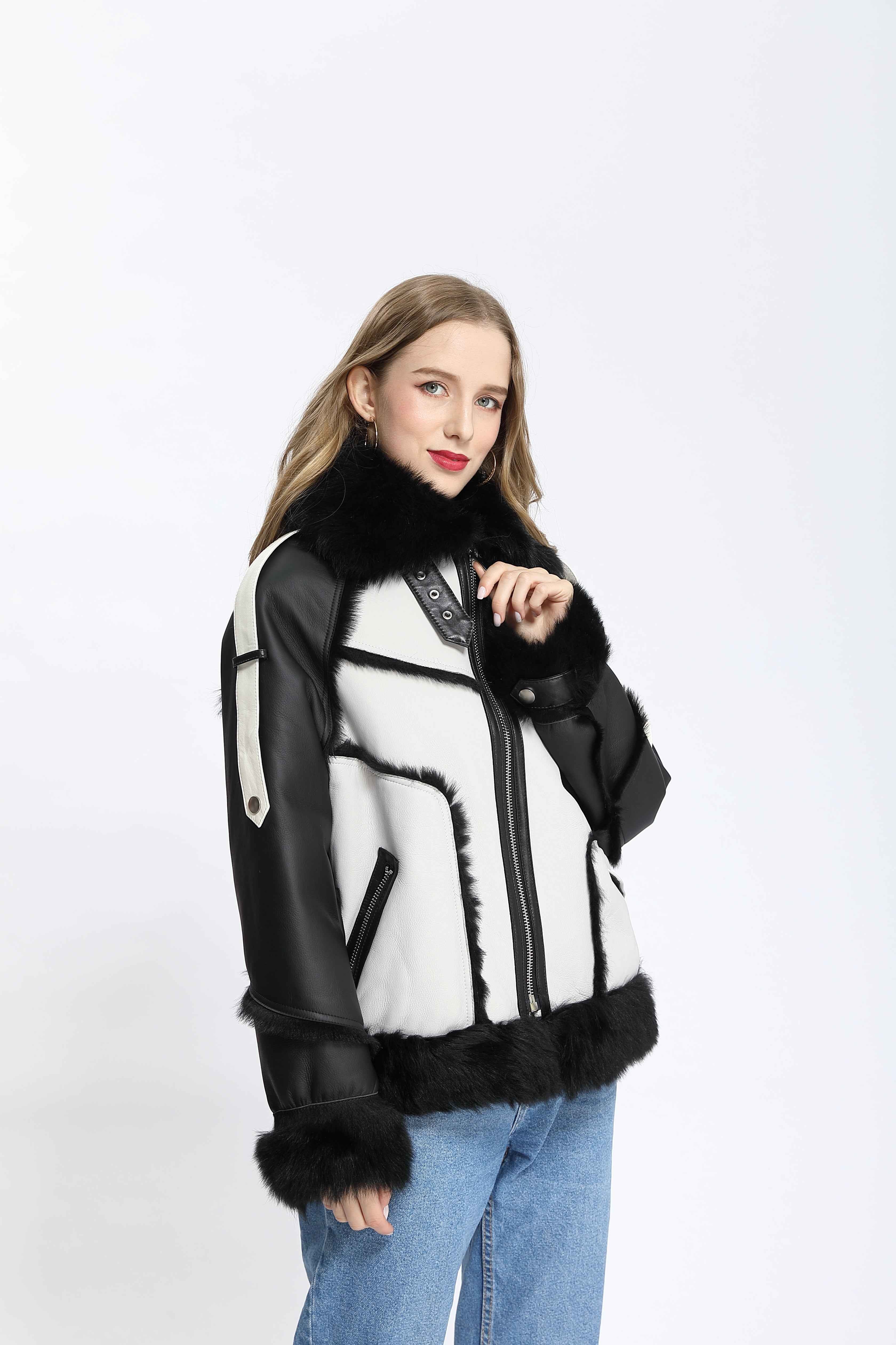 Women's Black & Gray Color-Block Shearling Jacket with Notched Lapel & Zipper Placket - Trendy Winter Outerwear