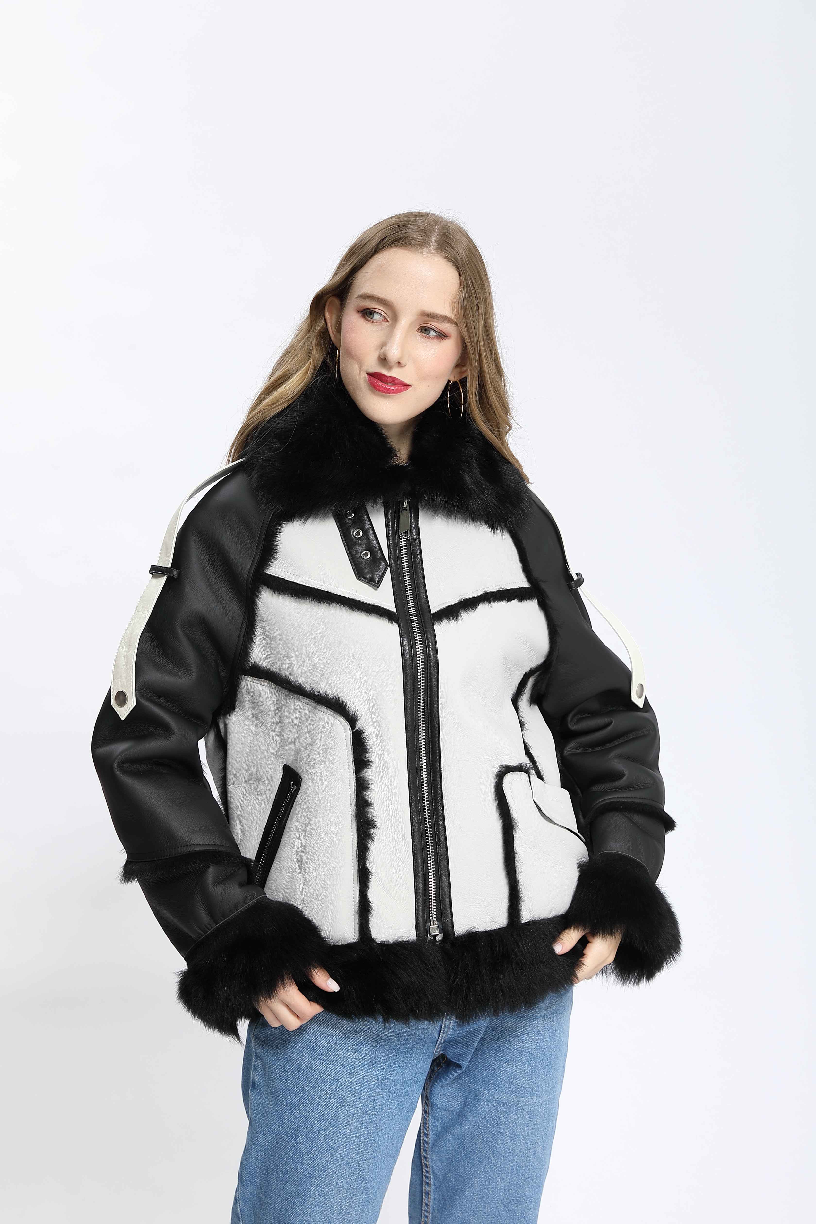 Women's Black & Gray Color-Block Shearling Jacket with Notched Lapel & Zipper Placket - Trendy Winter Outerwear