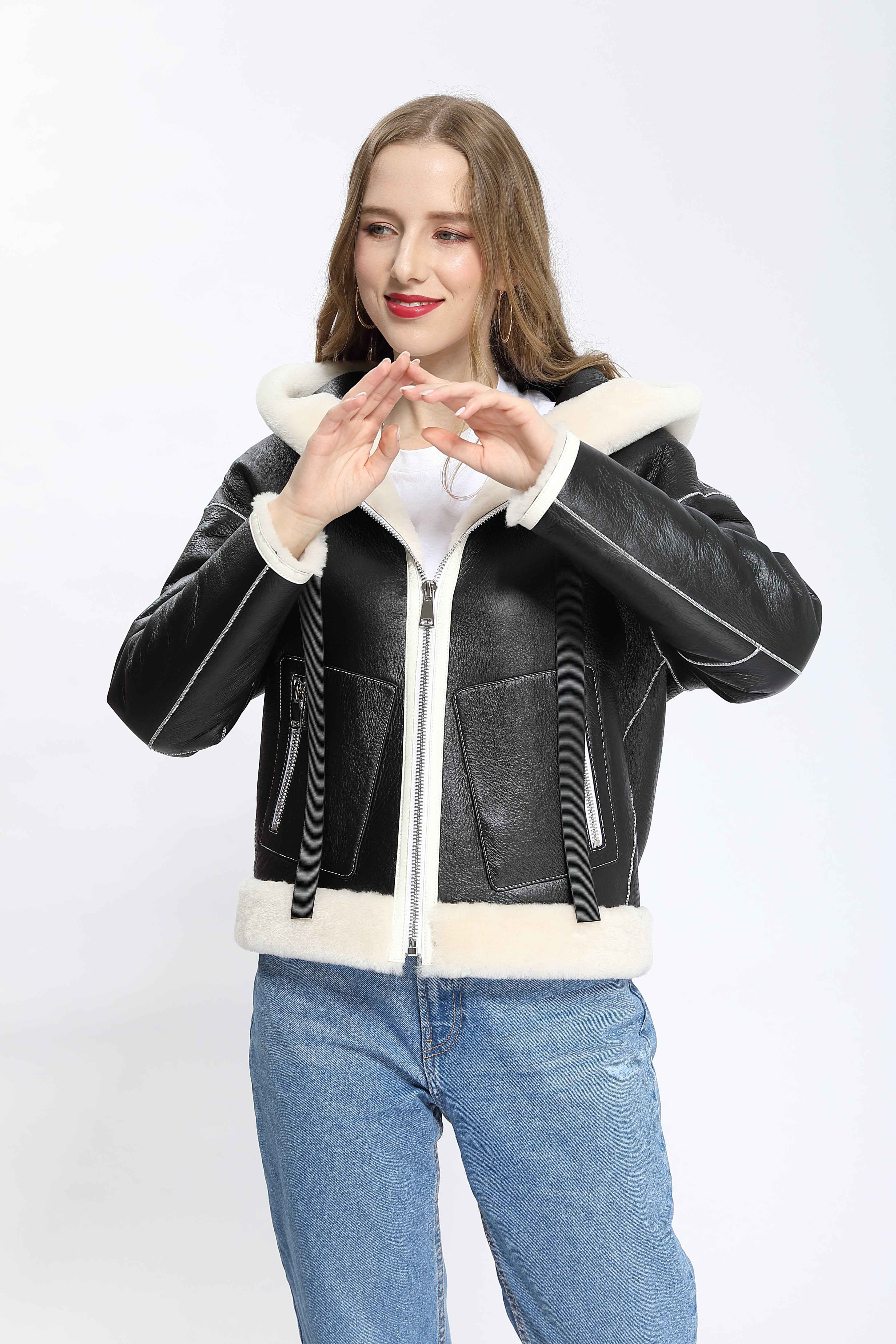 Women's Casual Hooded Shearling Leather Jacket with Contrast Fur Trim - Luxe Casual Outerwear