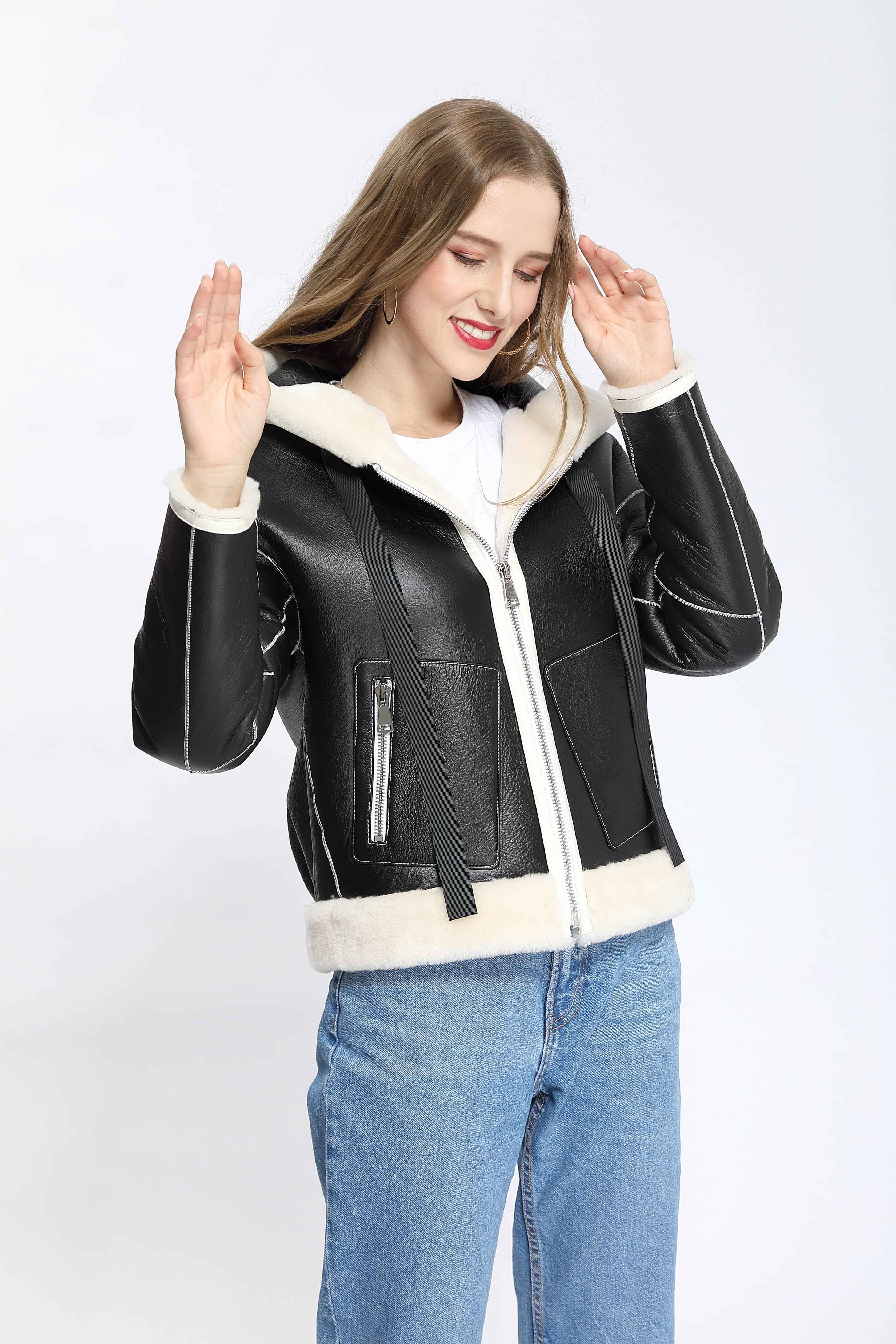 Women's Casual Hooded Shearling Leather Jacket with Contrast Fur Trim - Luxe Casual Outerwear