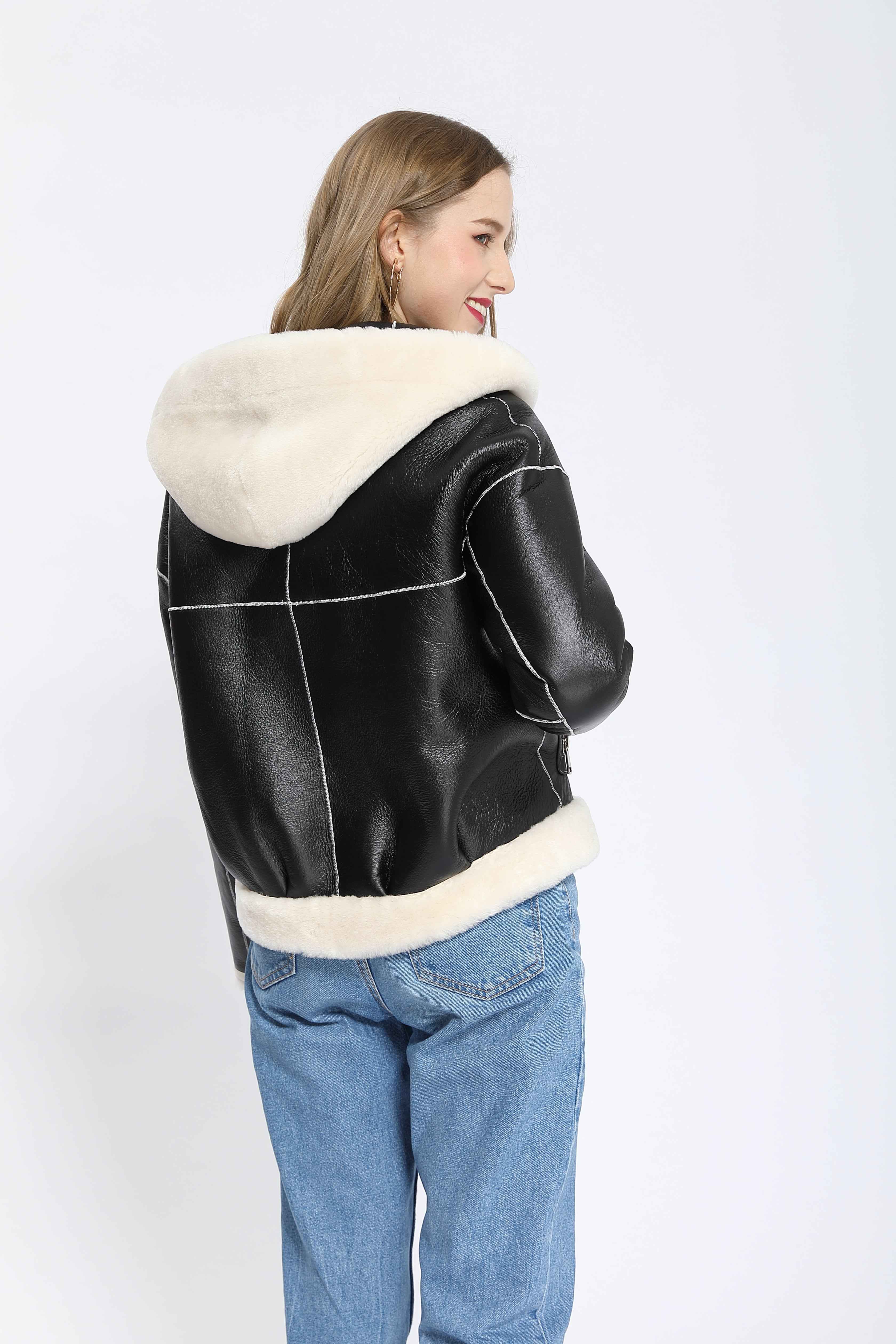 Women's Casual Hooded Shearling Leather Jacket with Contrast Fur Trim - Luxe Casual Outerwear