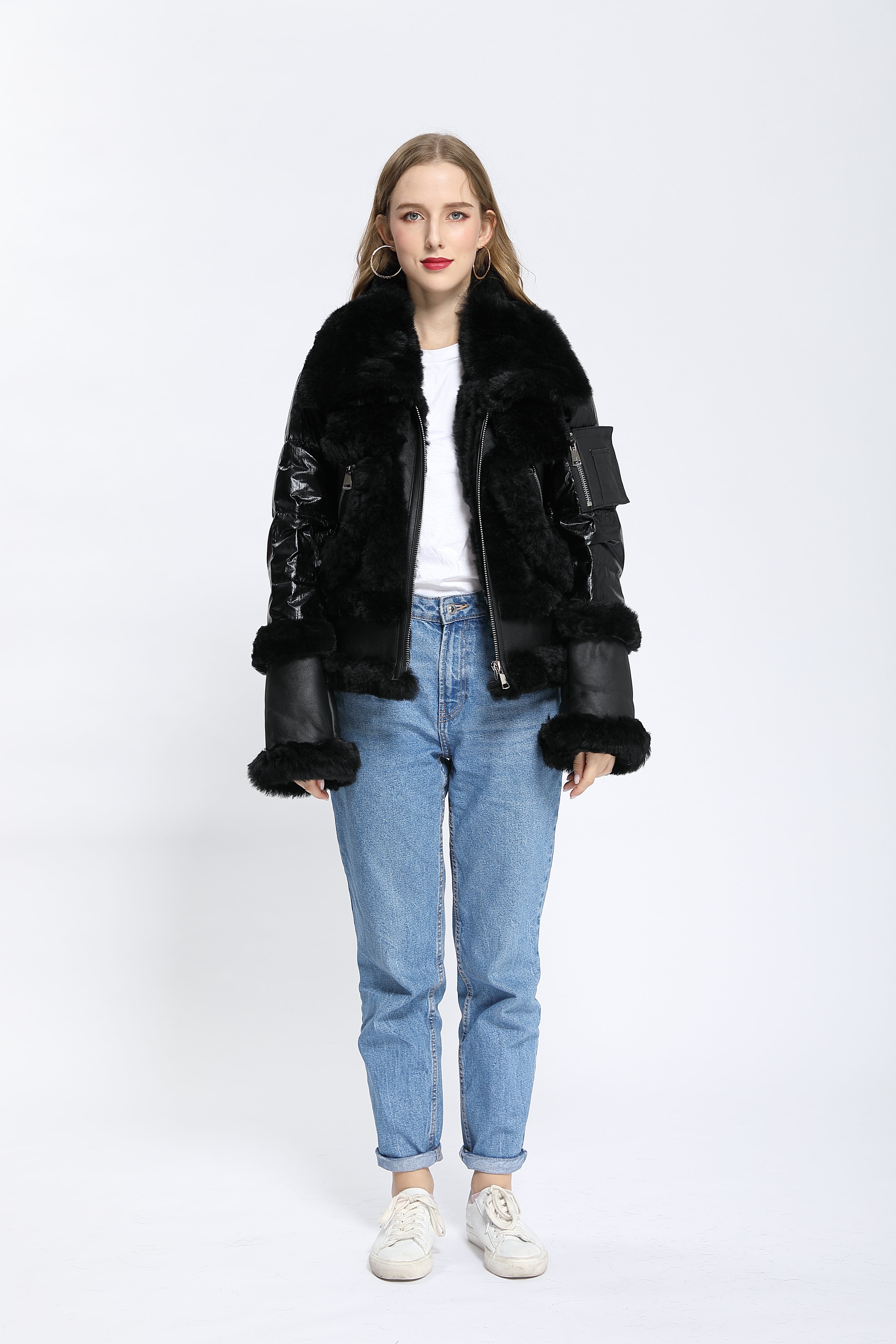Women's Black Down & Shearling Biker Jacket with Fox Fur Trim - Edgy Winter Outerwear
