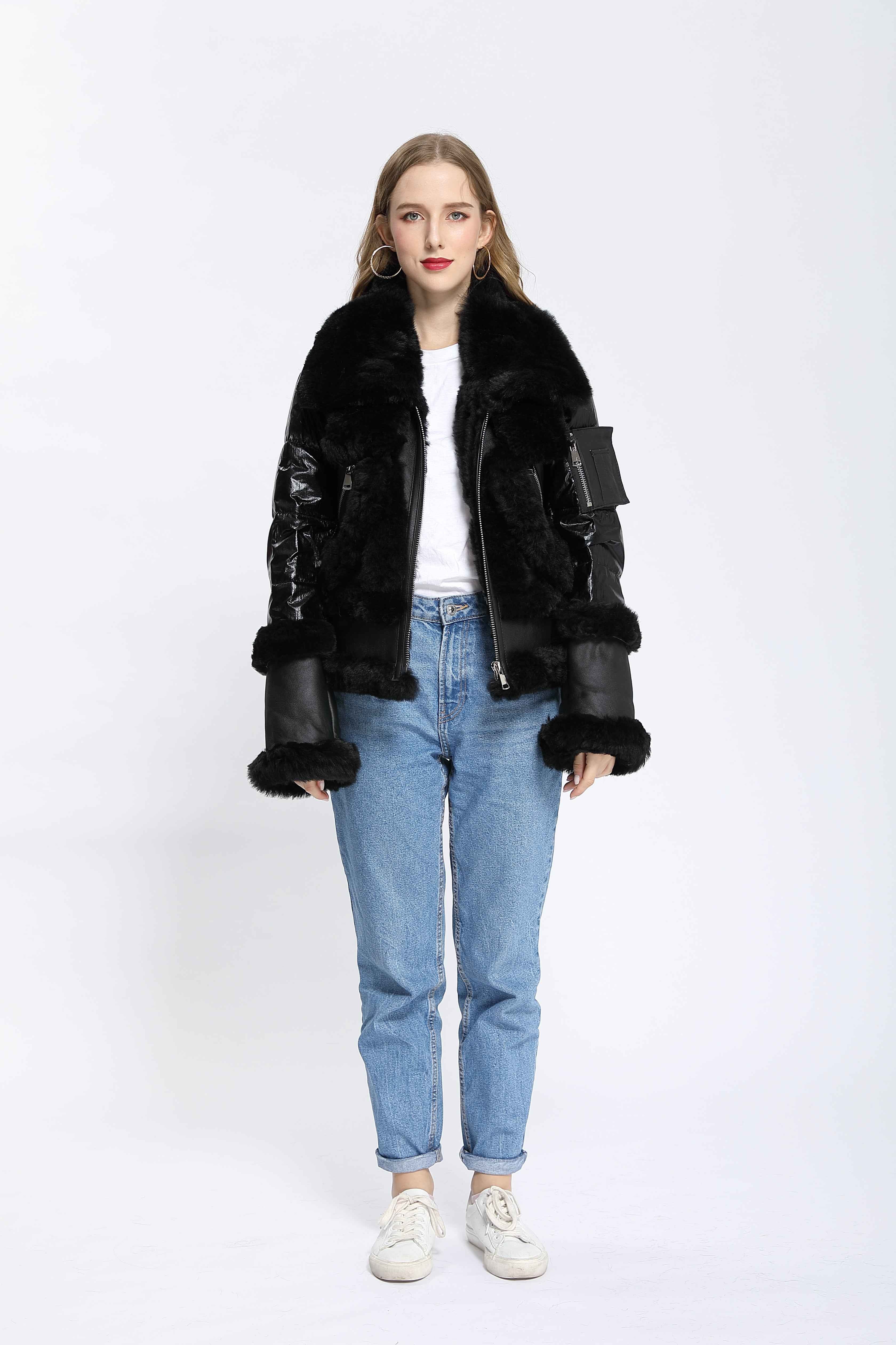 Women's Black Down & Shearling Biker Jacket with Fox Fur Trim - Edgy Winter Outerwear