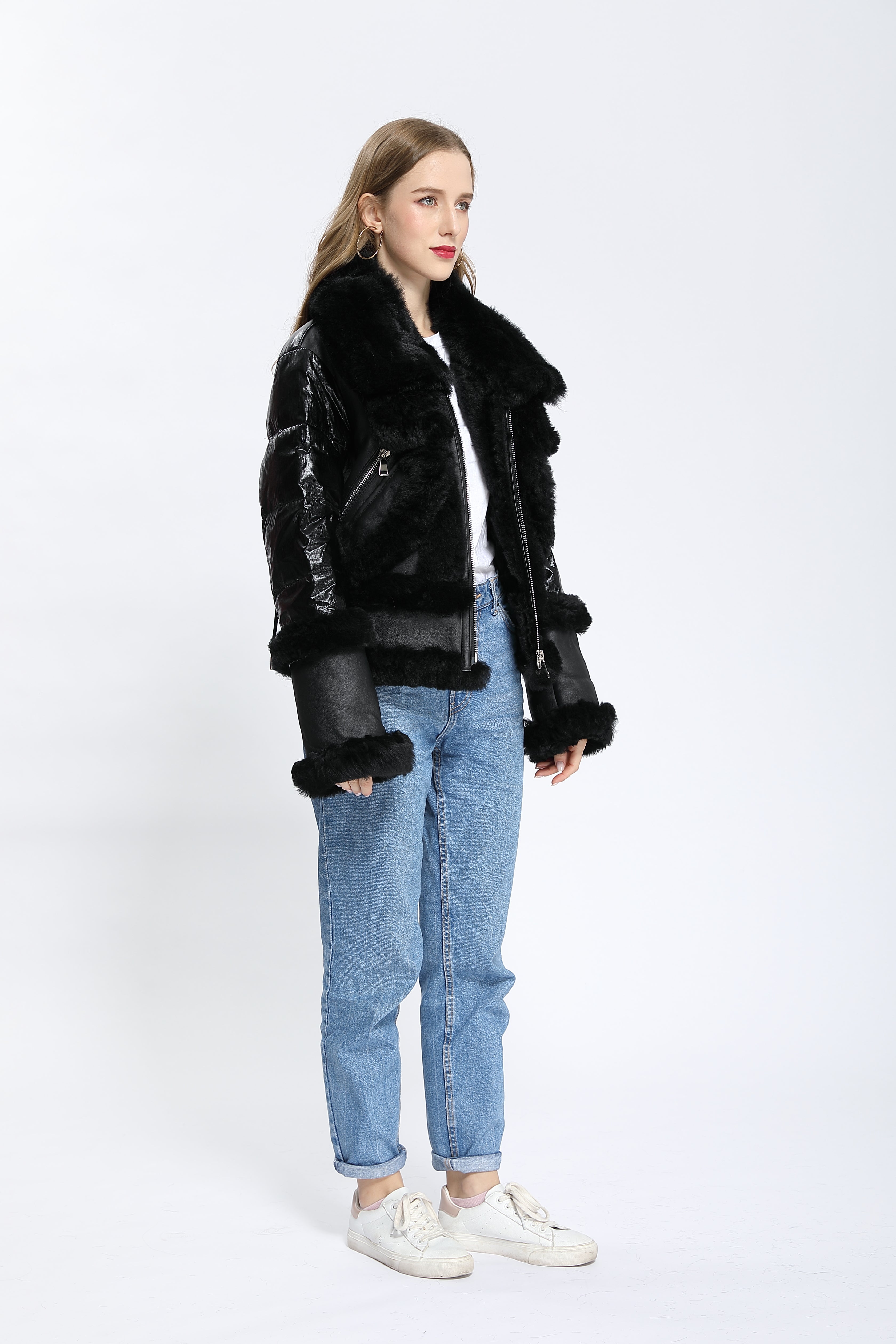 Women's Black Down & Shearling Biker Jacket with Fox Fur Trim - Edgy Winter Outerwear
