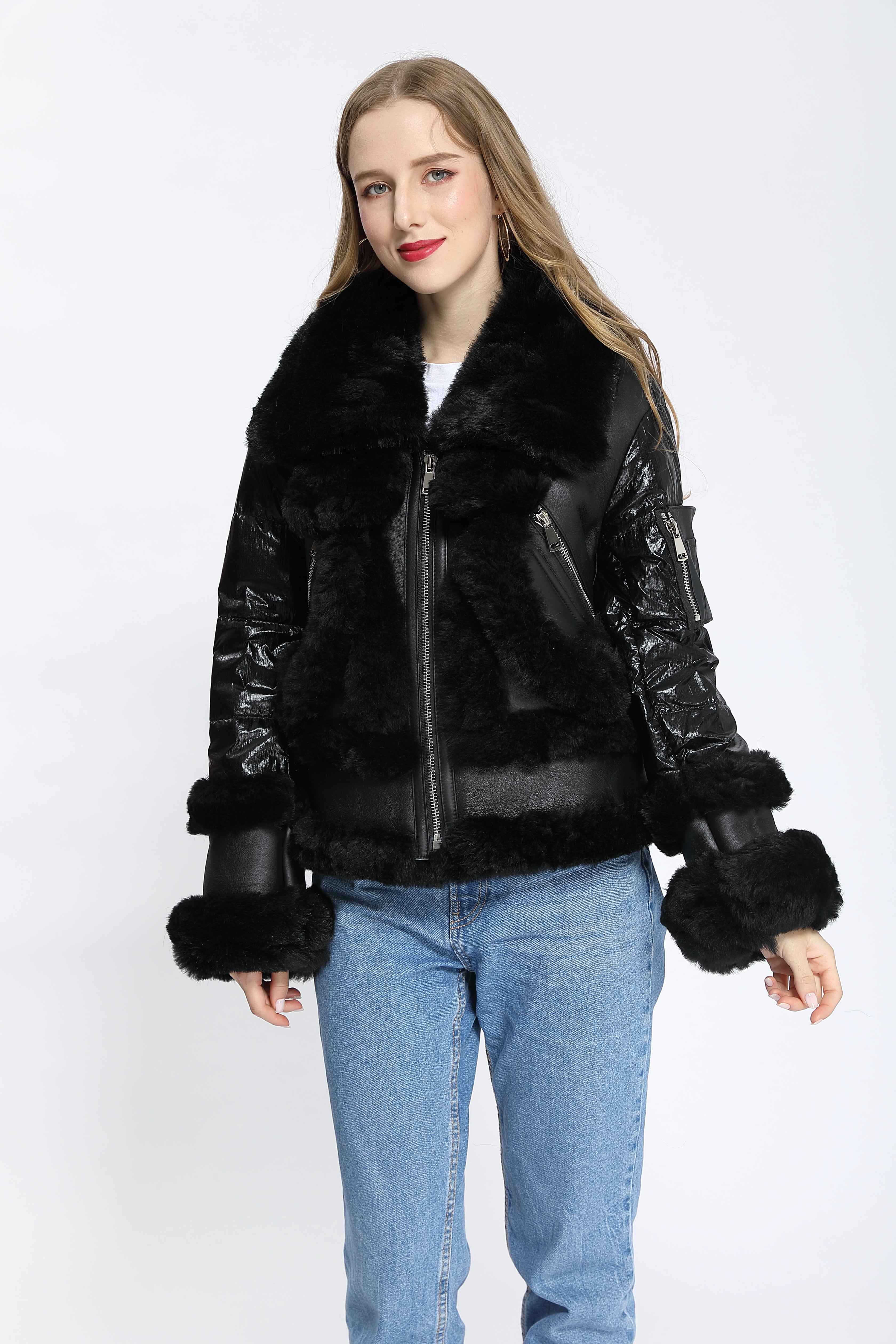 Women's Black Down & Shearling Biker Jacket with Fox Fur Trim - Edgy Winter Outerwear