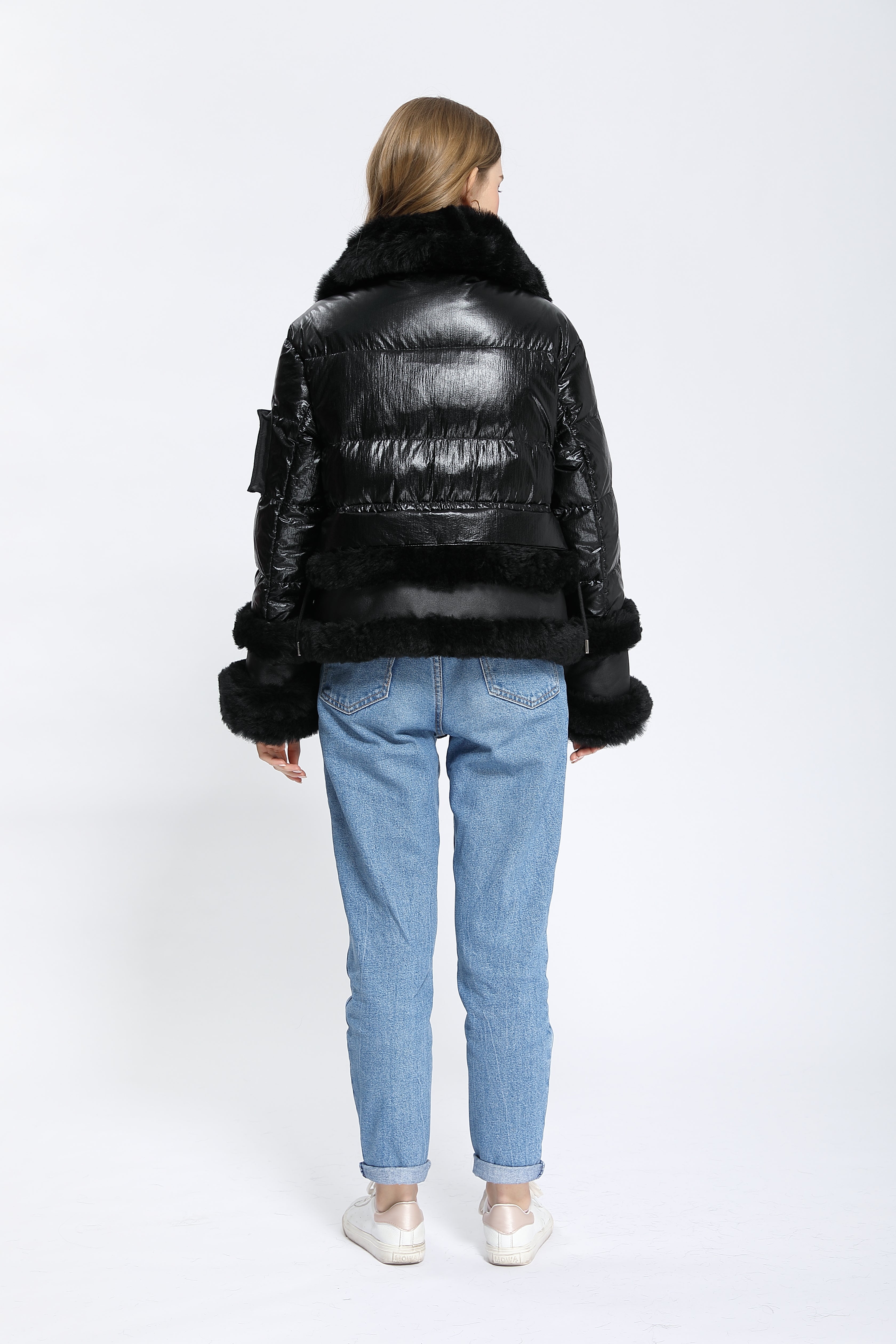 Women's Black Down & Shearling Biker Jacket with Fox Fur Trim - Edgy Winter Outerwear