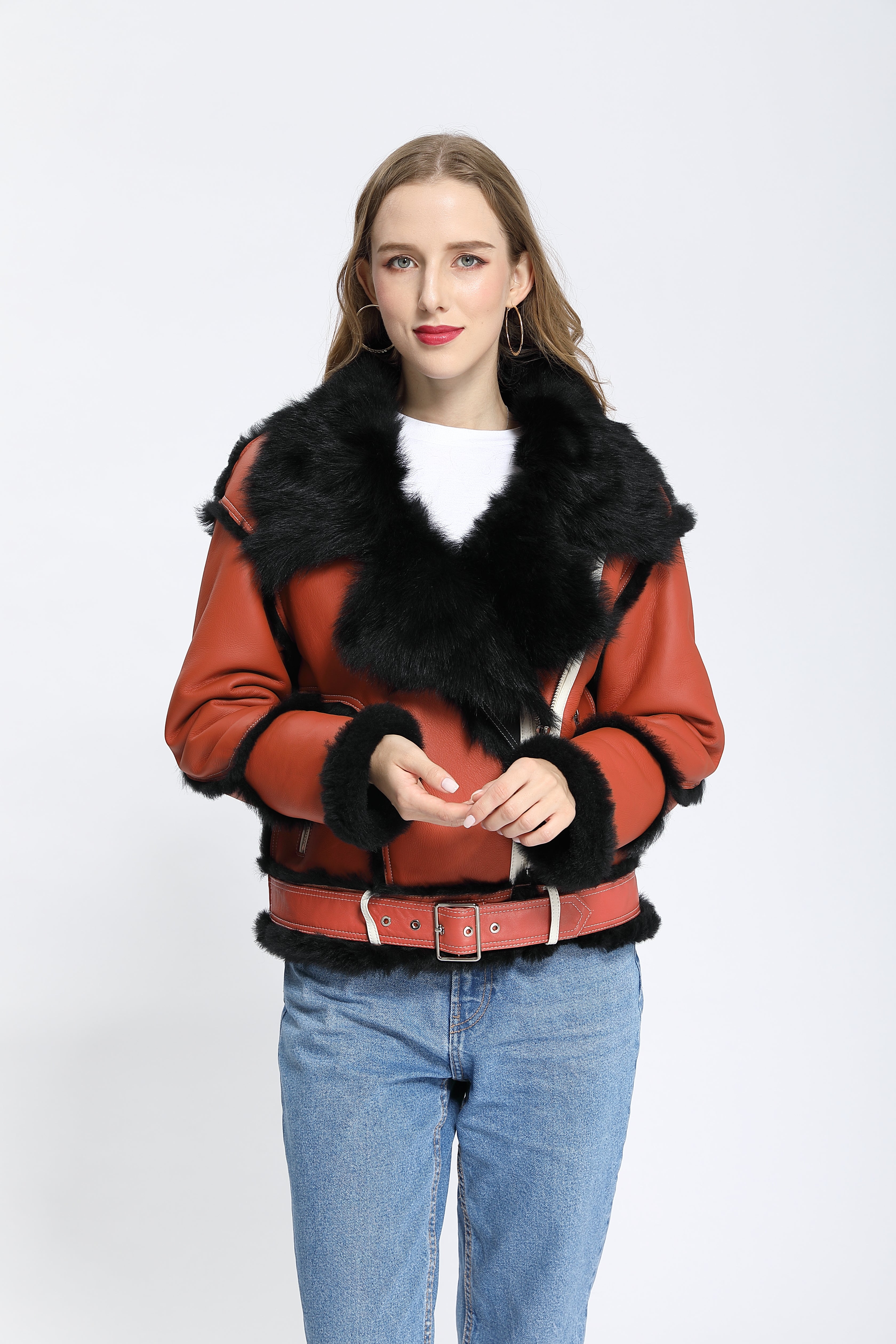 Women's Toscana Shearling Biker Jacket with Notched Lapel, Contrast Fur Trim & Belted Waist - Luxe Color-Block Outerwear