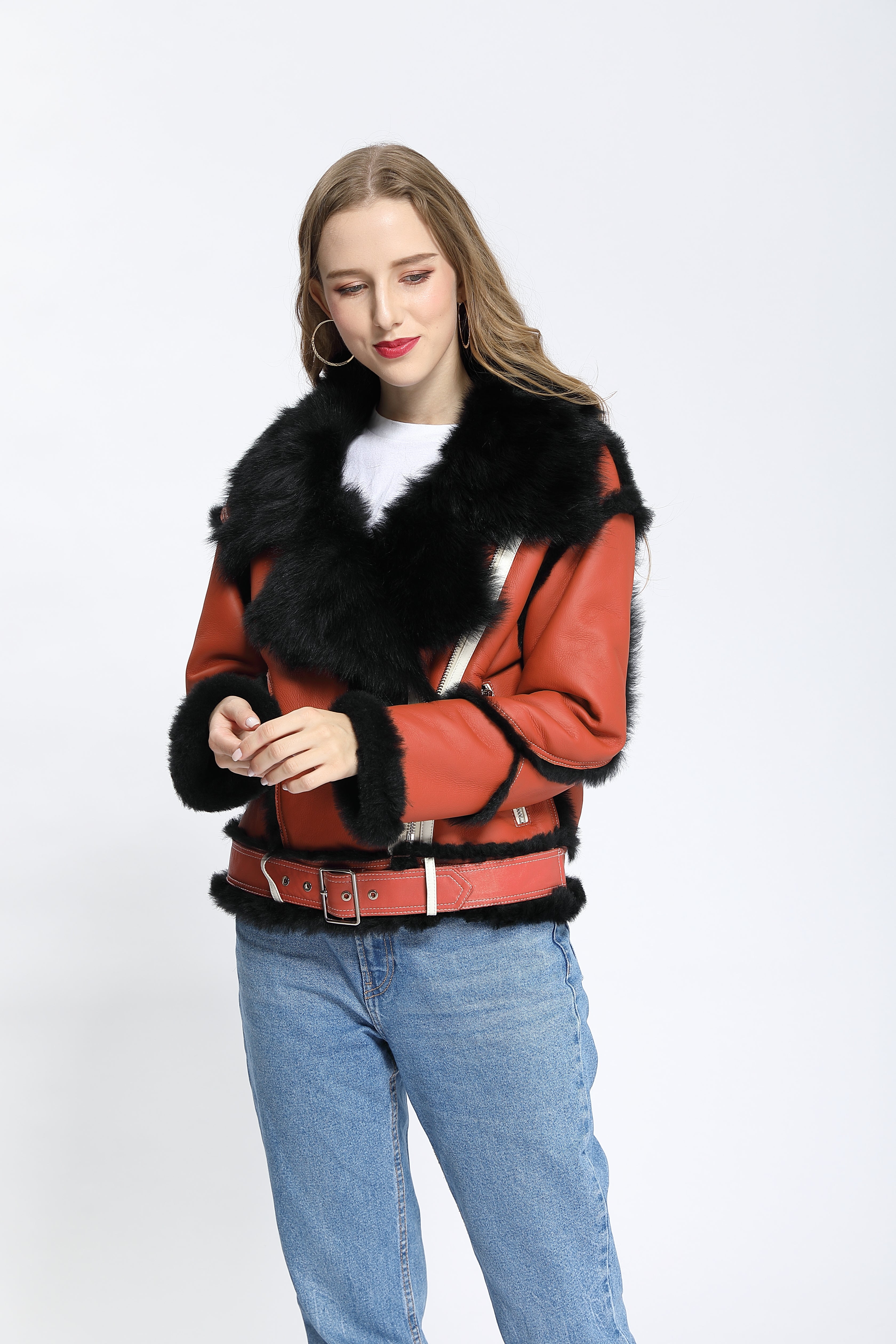 Women's Toscana Shearling Biker Jacket with Notched Lapel, Contrast Fur Trim & Belted Waist - Luxe Color-Block Outerwear