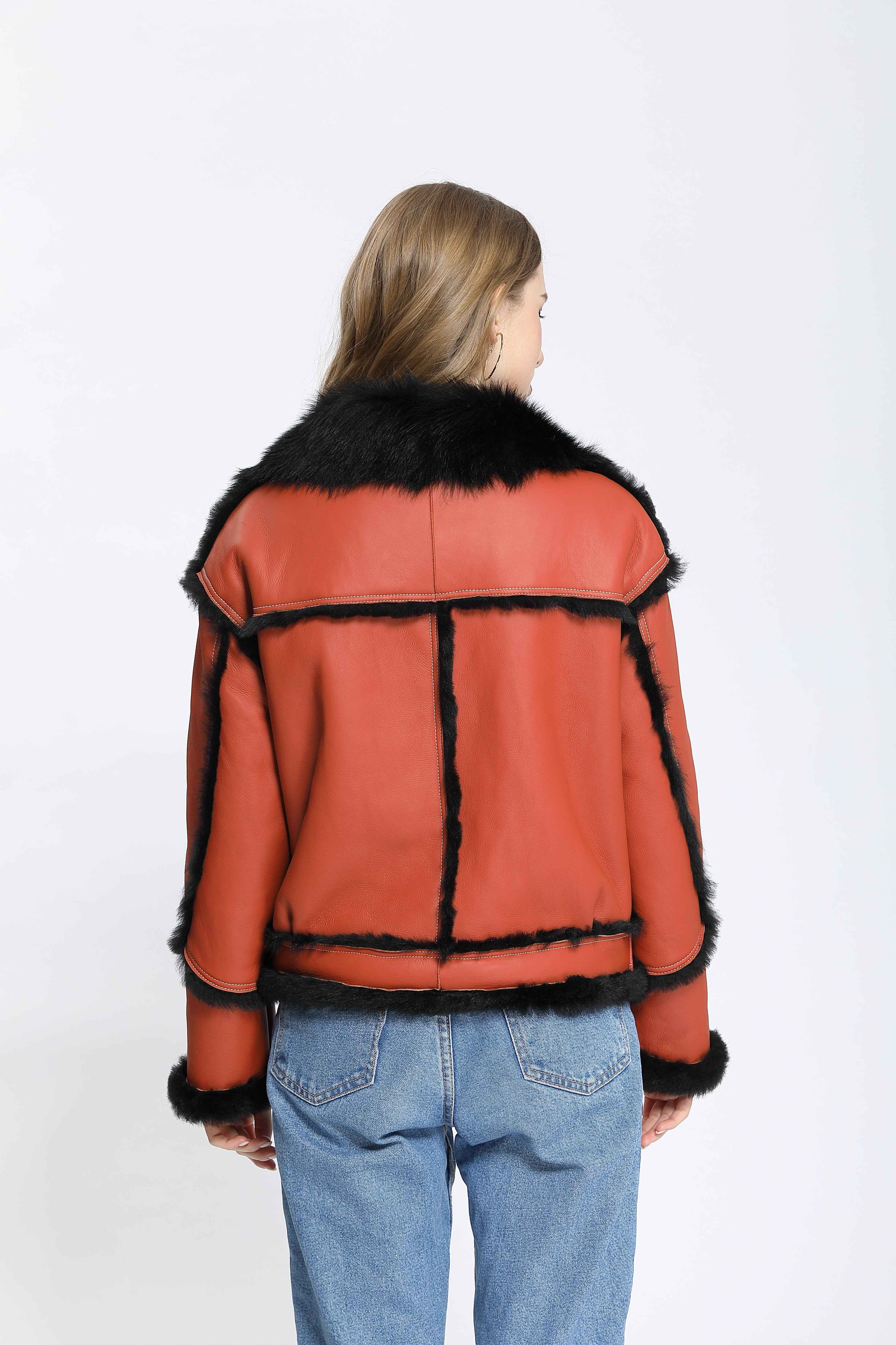 Women's Toscana Shearling Biker Jacket with Notched Lapel, Contrast Fur Trim & Belted Waist - Luxe Color-Block Outerwear