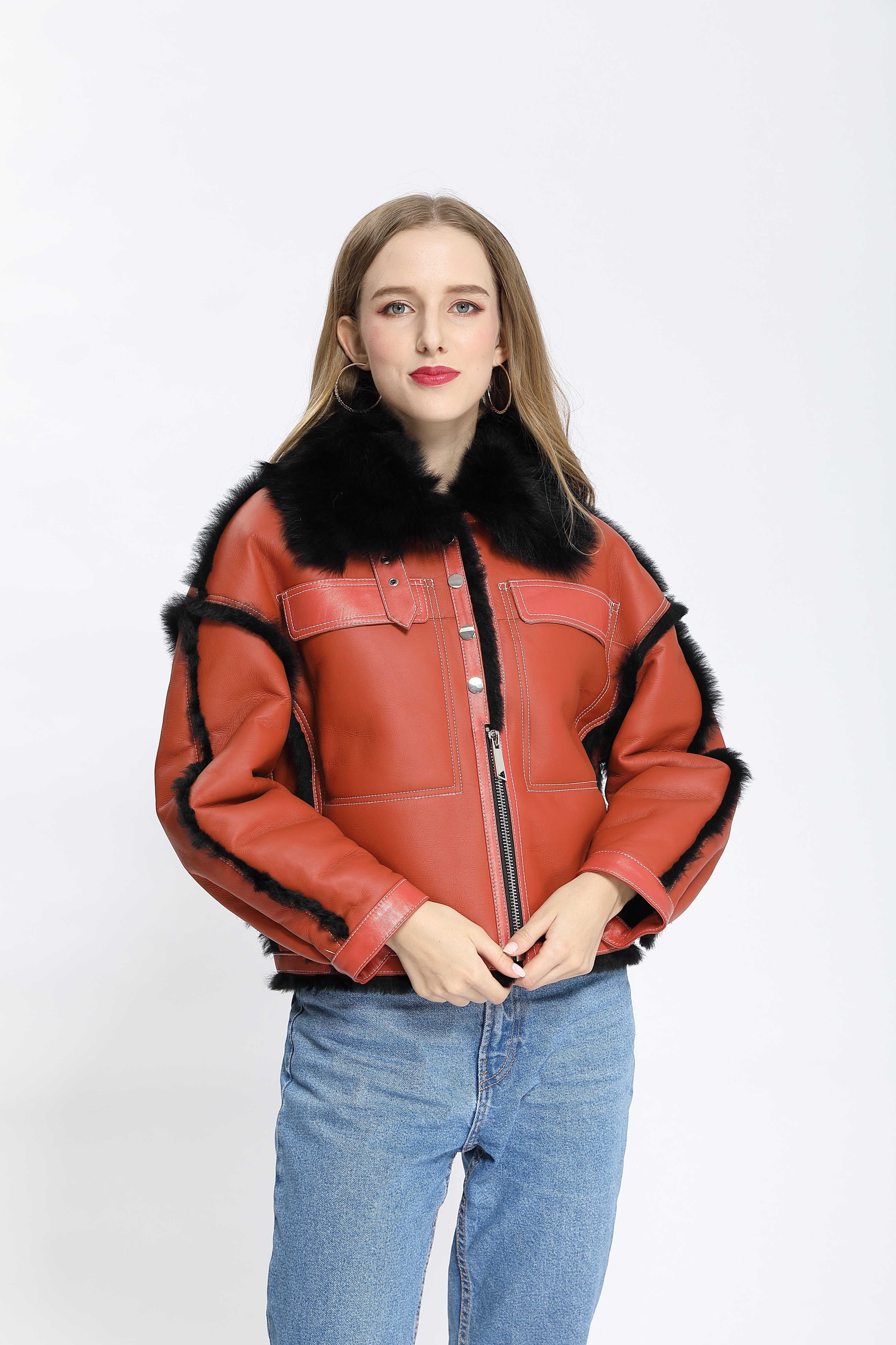 Women's Toscana Shearling Jacket with Zipper & Snap Button Placket, Contrast Fur Trim - Luxe Winter Outerwear